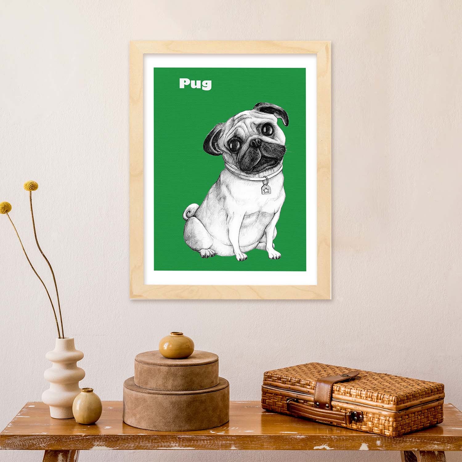 Poster De Pug Verde. Lamina Decorativa De Perros. Sin Marco - A4