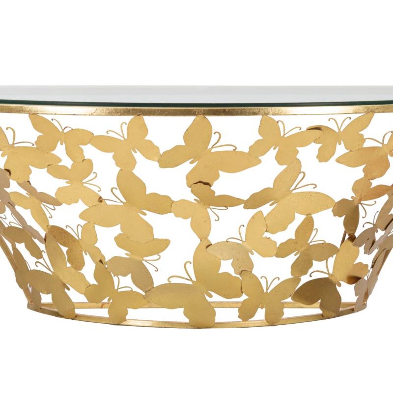 Półokrągła konsola ścienna z metalu w kolorze złotym ze szklanym blatem i dekoracjami w kształcie motyli - 120x40,5x37,2 cm
