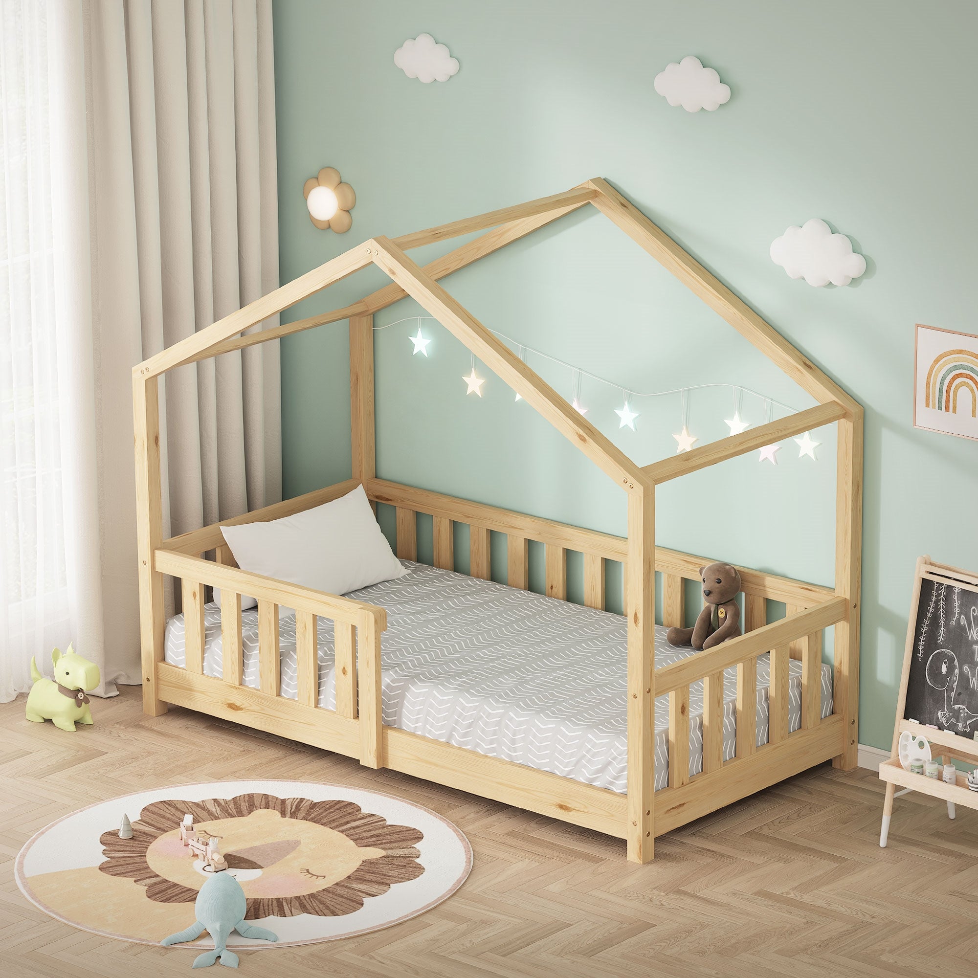 ML-Design łóżko dziecięce domek 70x140 cm drewniane naturalne z barierką i dachem Montessori łóżko do zabawy podłogowe dla dzieci i młodzieży
