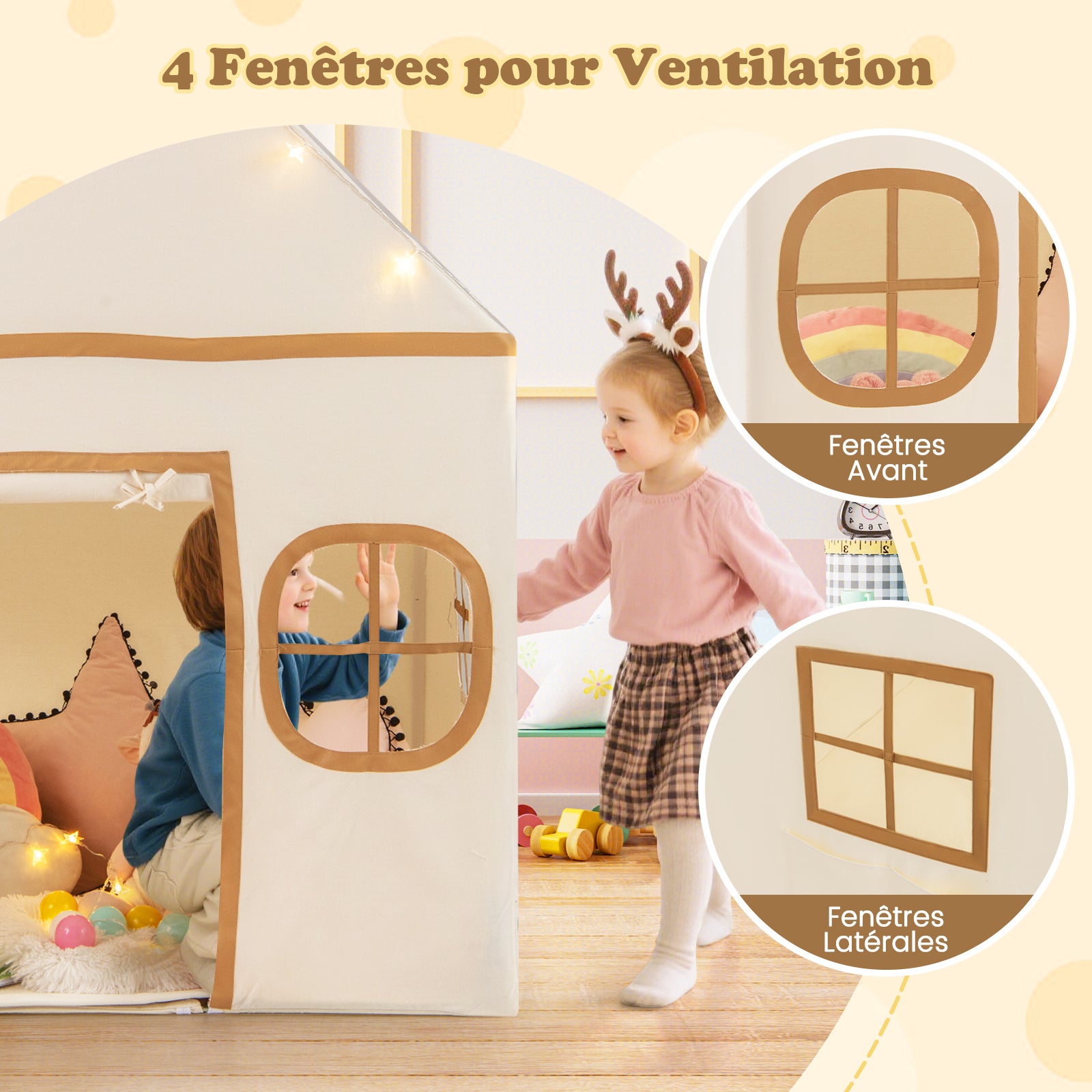 Tente de Jeux Enfant avec 4 Fenêtres et Guirlandes Lumineuses Étoiles, Cabane Enfant Interieure avec Tapis Antidérapant, pour 3-10 Ans, Gris + Beige - 6