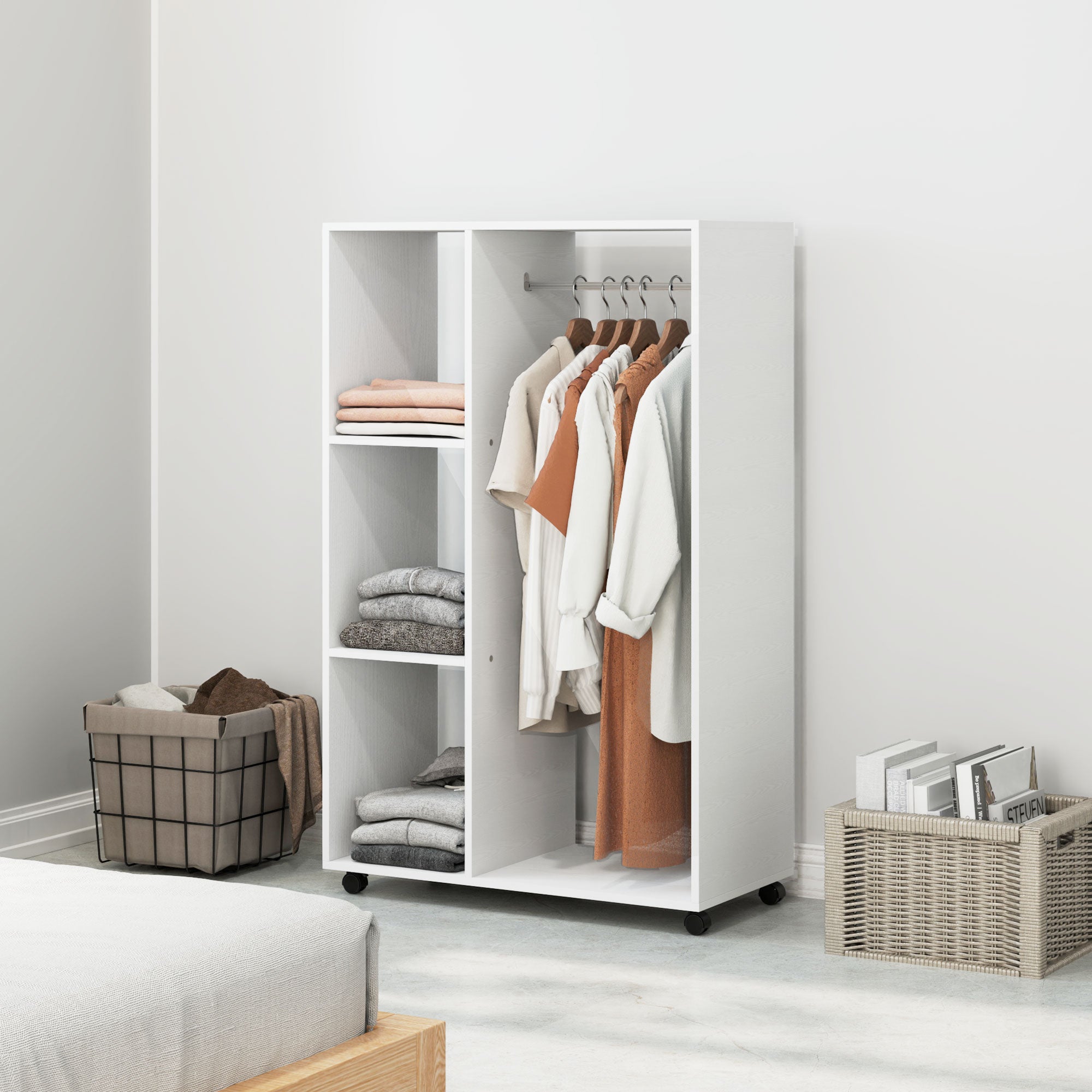 Armario con ruedas 80x40x128cm con 1 barra colgante 3 estantes blanco