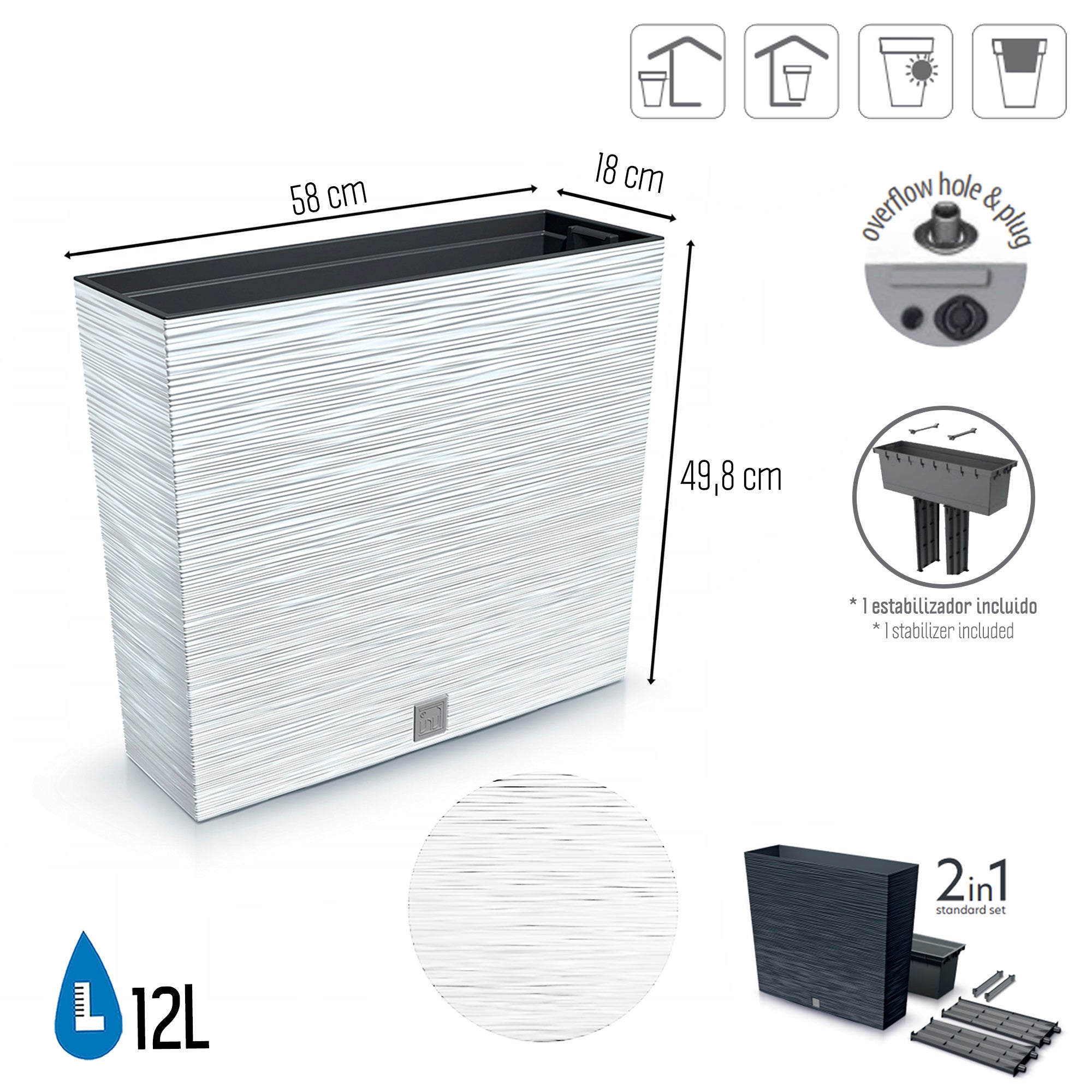 Pot de fleurs avec reserve d´eau 12 L blanc - FURU - 2