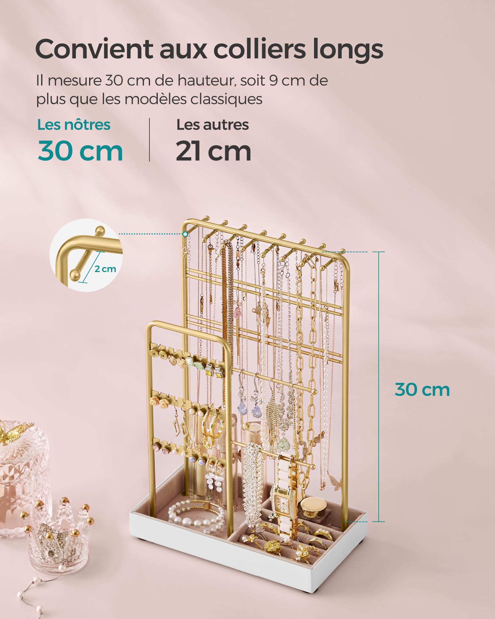 Porte-bijoux,Support à Bijoux,Organisateur de Bijoux,Présentoir Accessoires,en Métal,Plateau en Velours,pour Colliers,Bracelets,Boucles d’Oreilles - 7