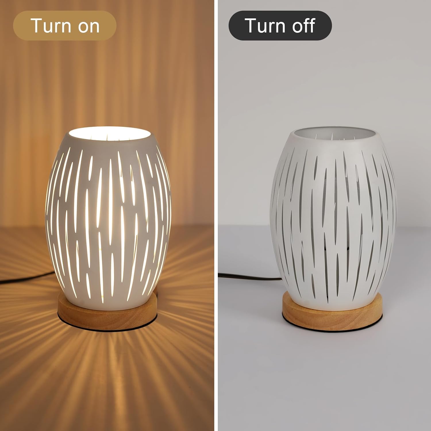 GOECO Lampe de Chevet E27, Lampe de Table avec Socle en Bois et Abat-jour en Métal Creux, Lampe de Bureau Décorative pour Chambre, Blanc - 3