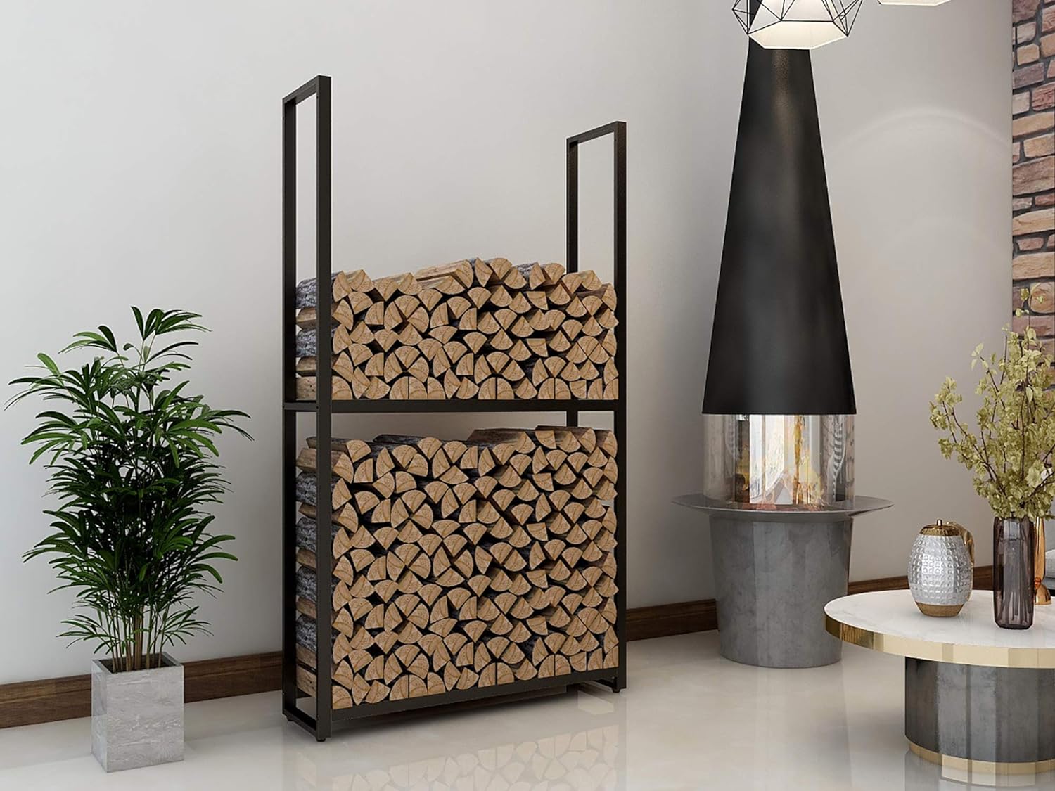 Köhko stojak na drewno opałowe – stojak i uchwyt na drewno opałowe z metalu malowanego proszkowo na czarno, do przechowywania H150xW65xD25cm