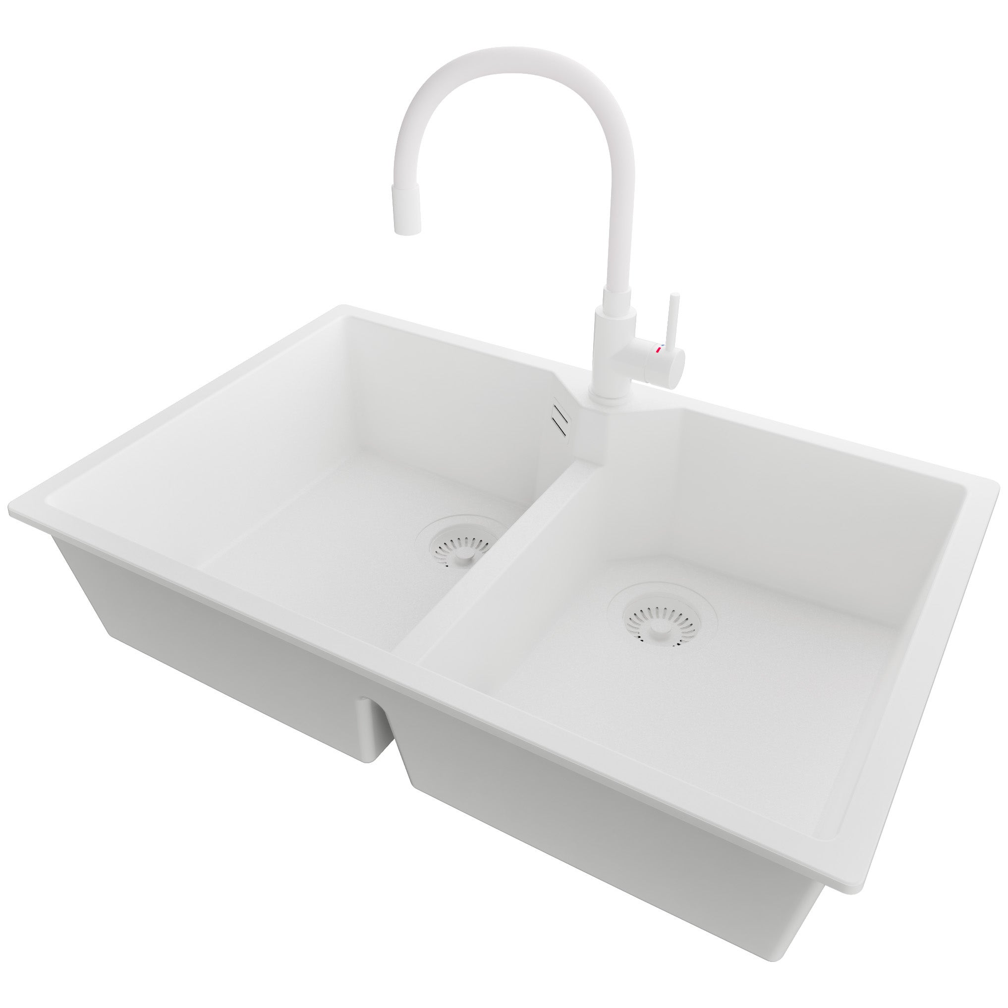 Zlewozmywak Granitowy Cały Biały 78x50cm, Zlew Kuchenny 2 Komorowy + Bateria 38x14cm + Syfon, Nablatowy do szafki od 80cm - Madryt Twin PRIMAGRAN