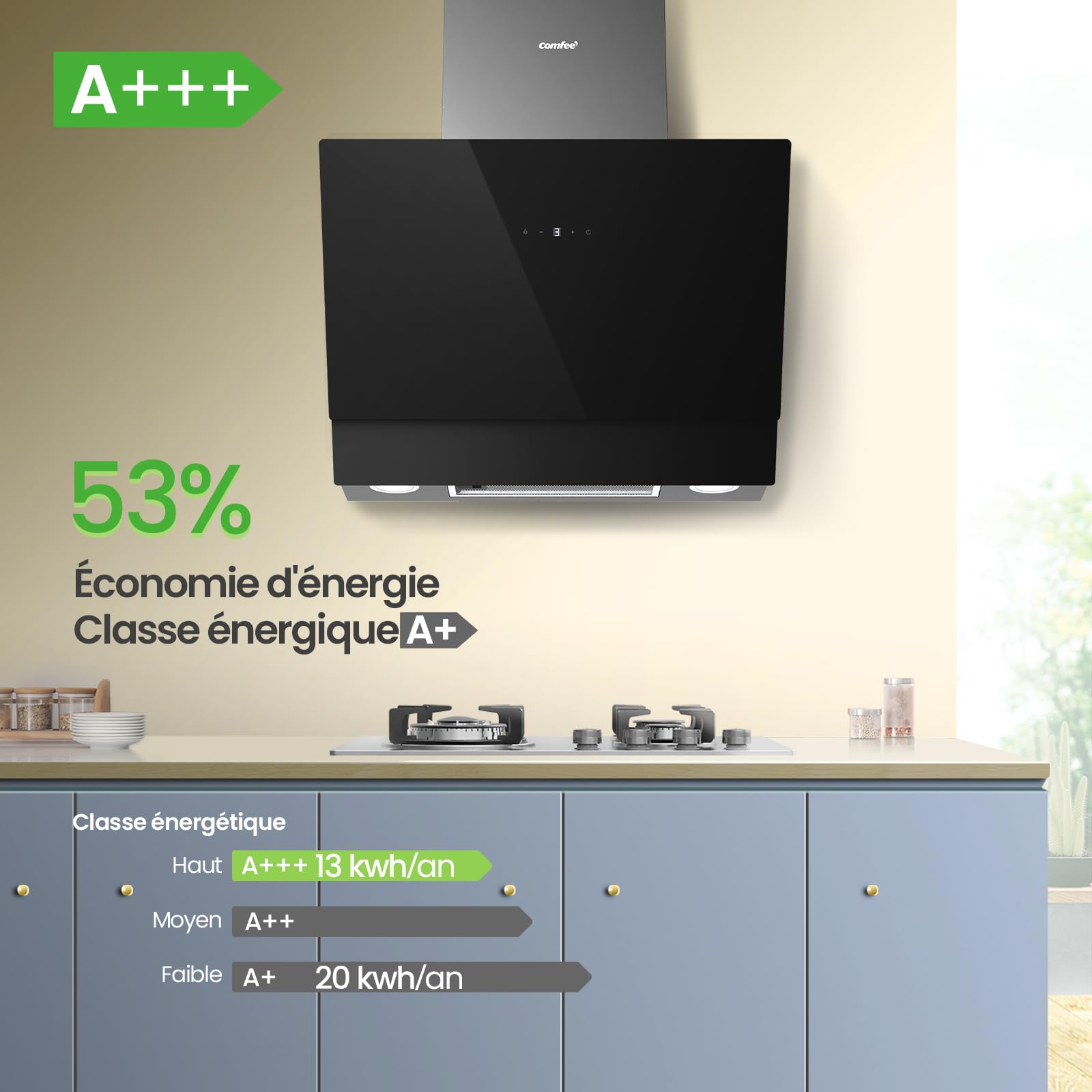 COMFEE Hotte Aspirante Inclinée 60cm - 650m³/h - Classe A+++ - Commandes Gestuelles - 4 vitesses - 2 Filtres - 2*1.5W LED - Verre Noir - 2