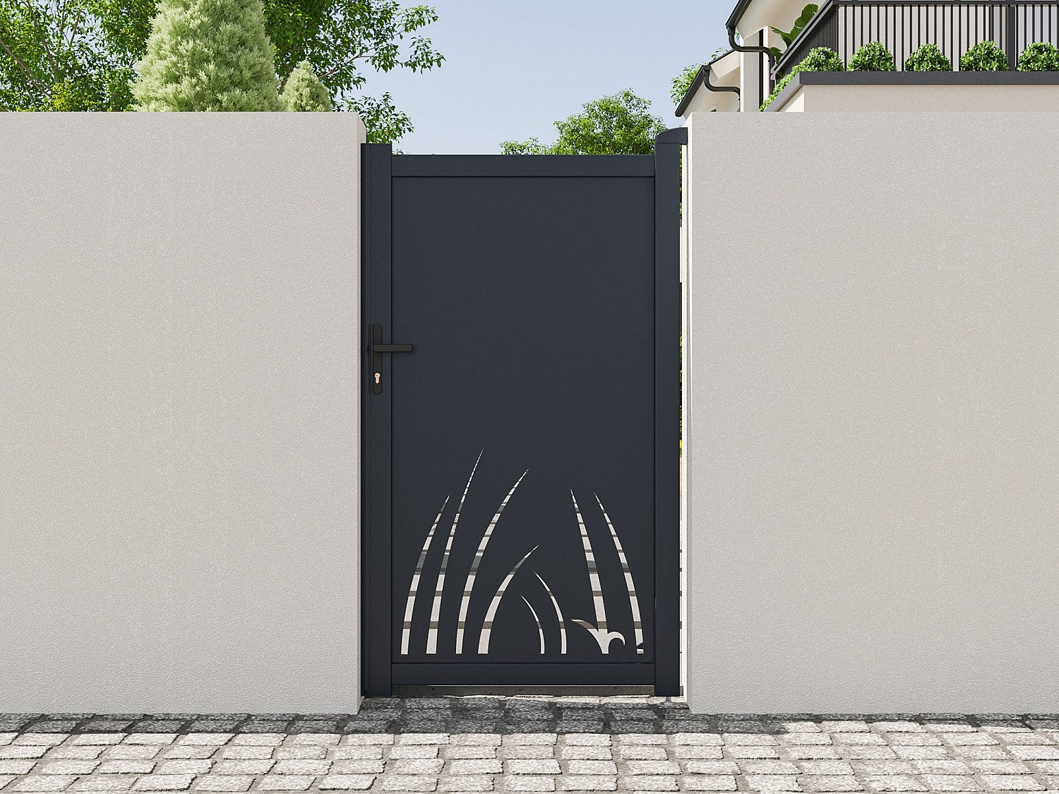 Furtka aluminiowa uchylna z motywem roślinnym wyciętym laserowo – szer. 103 x wys. 181 cm – antracyt – BRAMENO