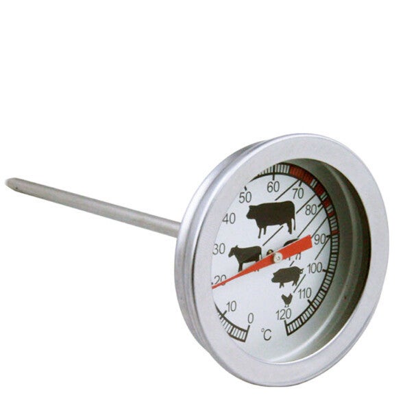 Analogowy termometr odporny na ciepło do gotowania, pieczenia, grillowania, wędzenia, ze wspornikiem do garnka, grilla, rożna, 0°C - 120°C