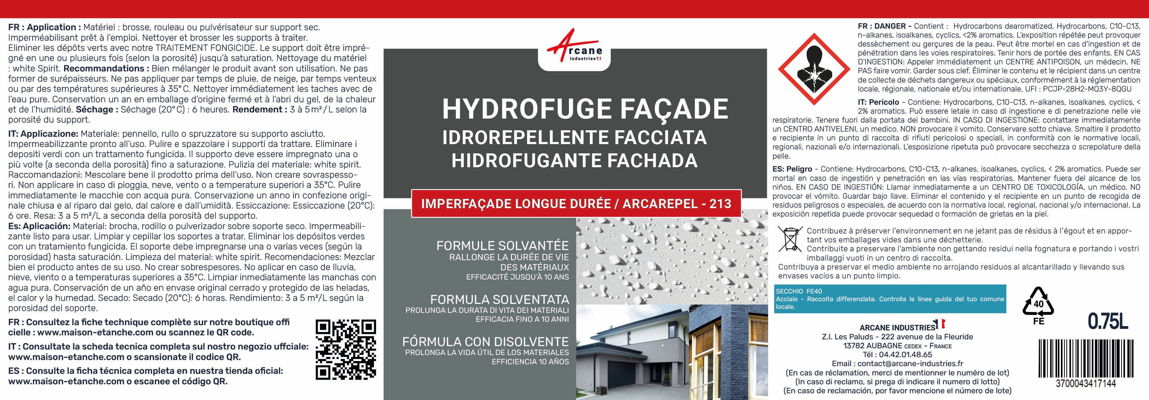 Hydrofuge façade solvanté imperméabilisant mur, crépi - IMPERFACADE - 20 L (jusqu'à 100 m²) - ARCANE INDUSTRIES - 4