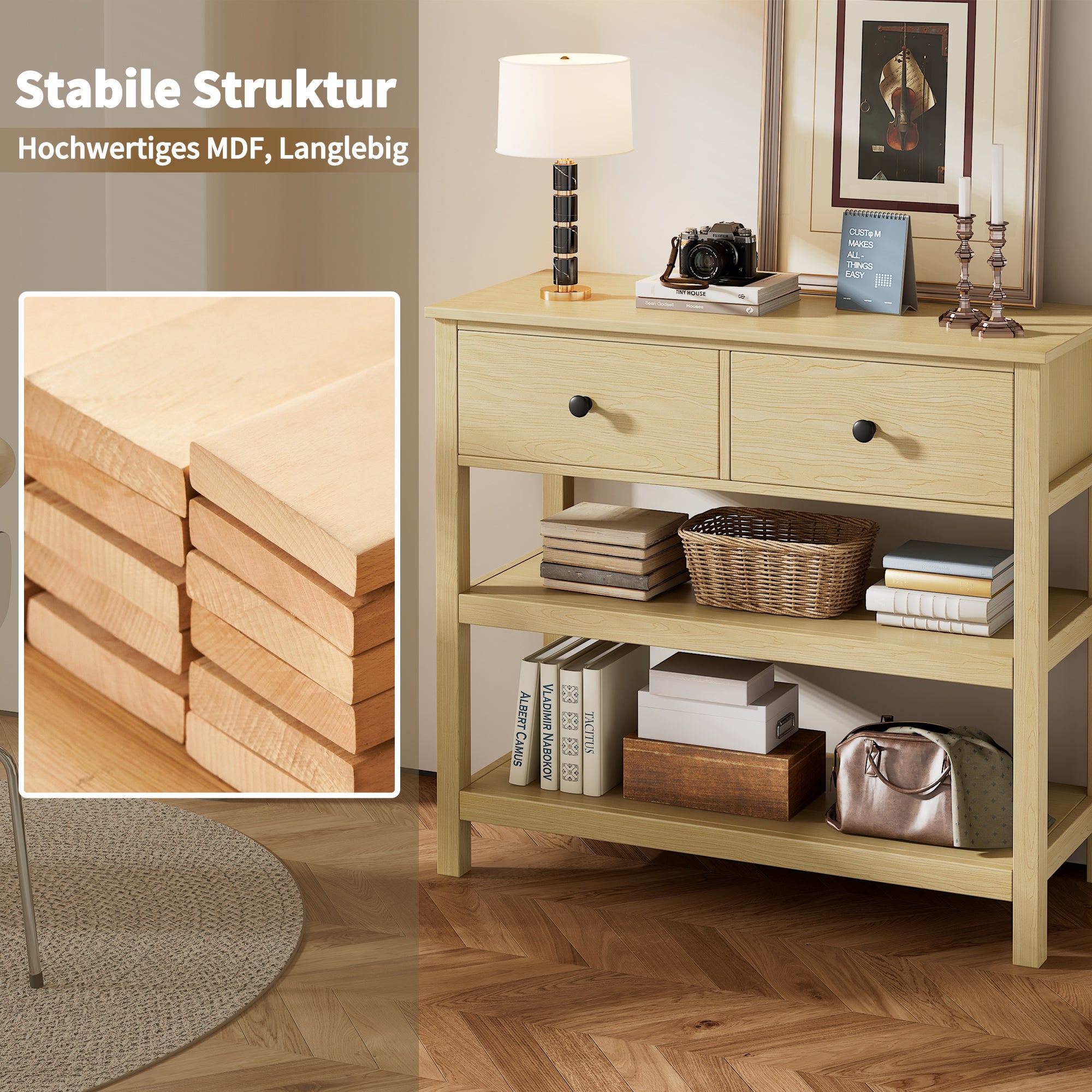 Table console moderne - avec 2 tiroirs - avec des étagères ouvertes - Naturel - 3