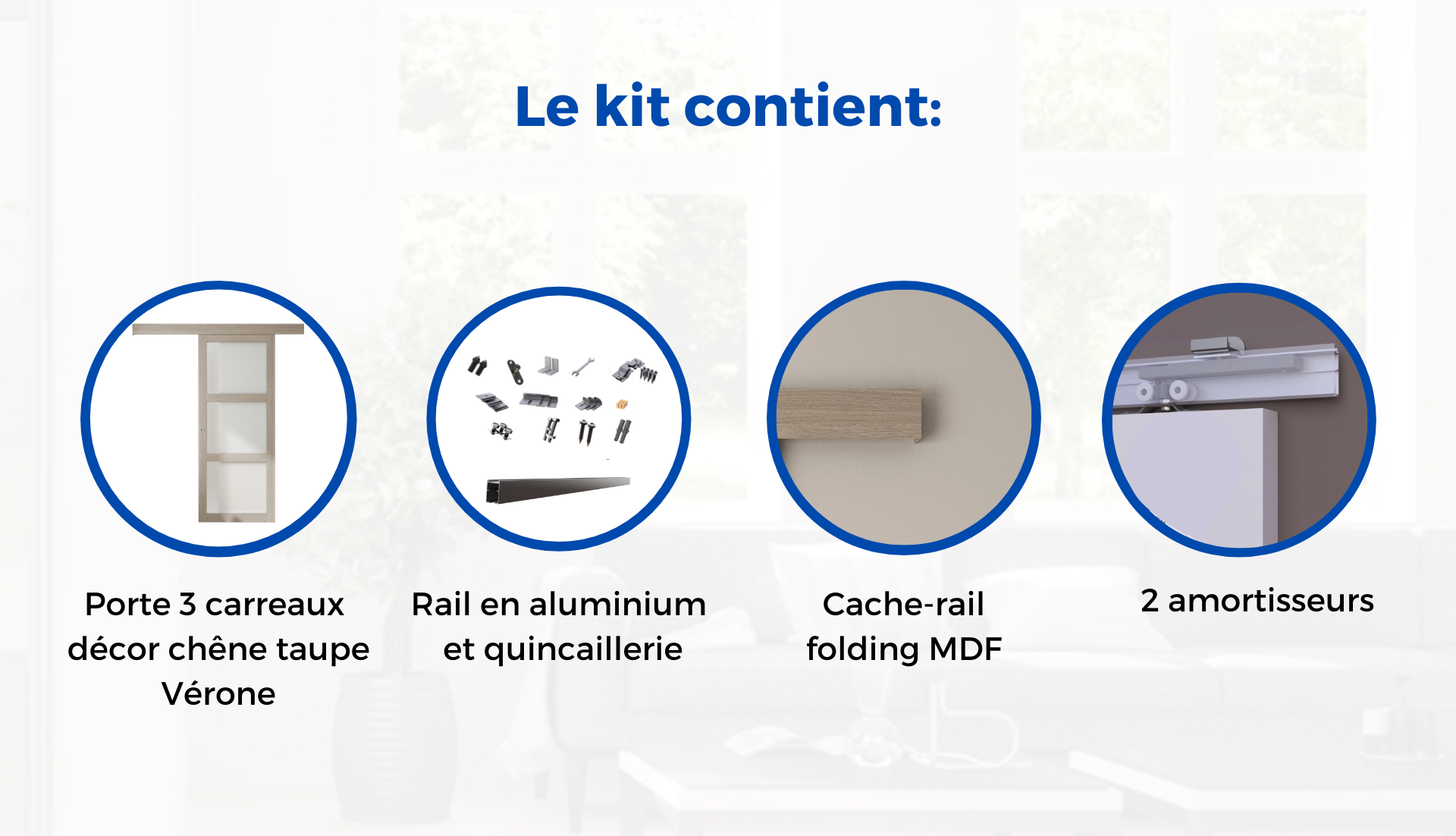Kit porte coulissante 3 carreaux Vérone décor chêne taupe + rail 2 amortisseurs + cache rail décor assorti - H 204 cm x L 83 cm - 3