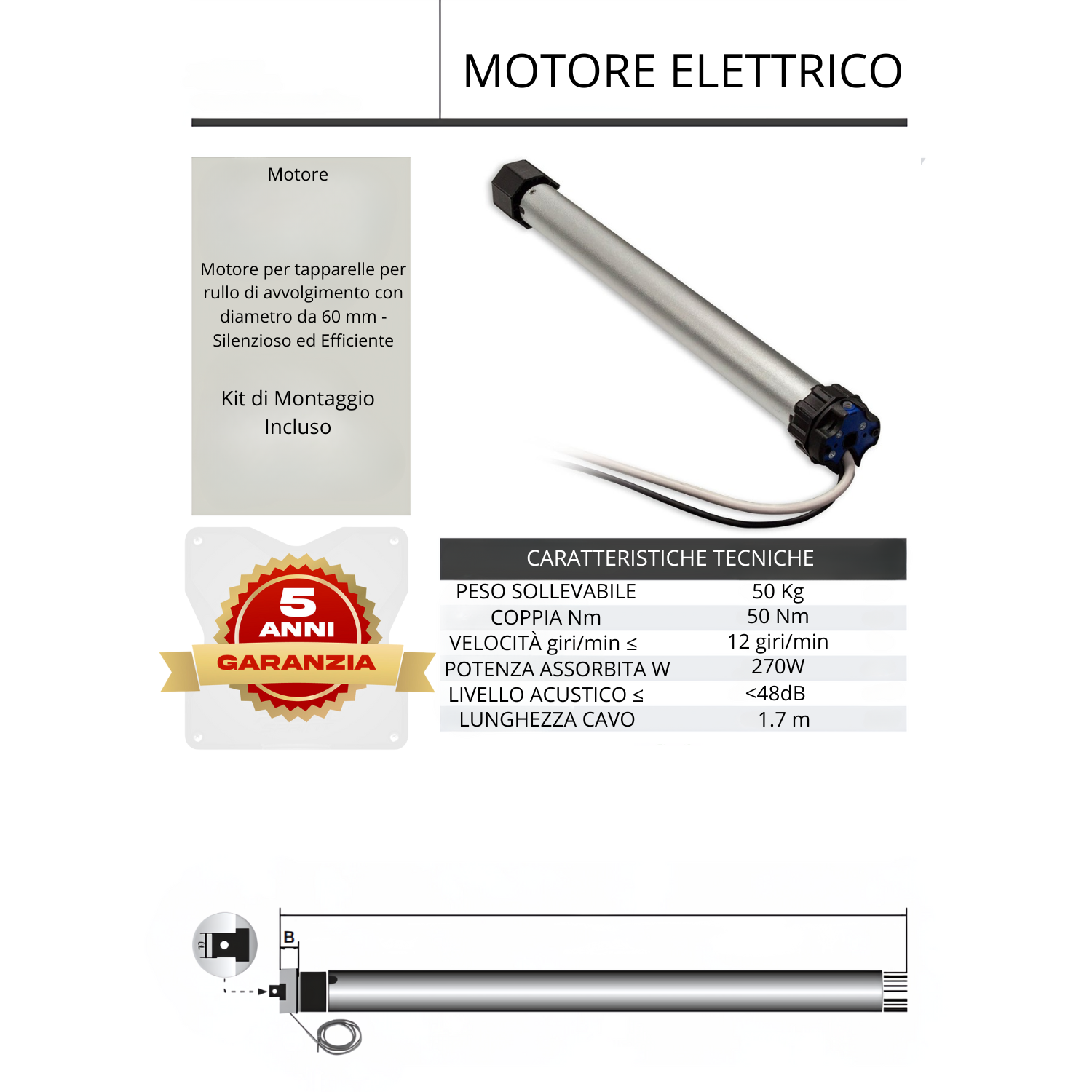 OWIJI Motore Tapparelle Elettriche 100 Kg Avvolgibile Silenzioso 50 Nm 270W Kit Montaggio Completo Casa Ufficio - 4