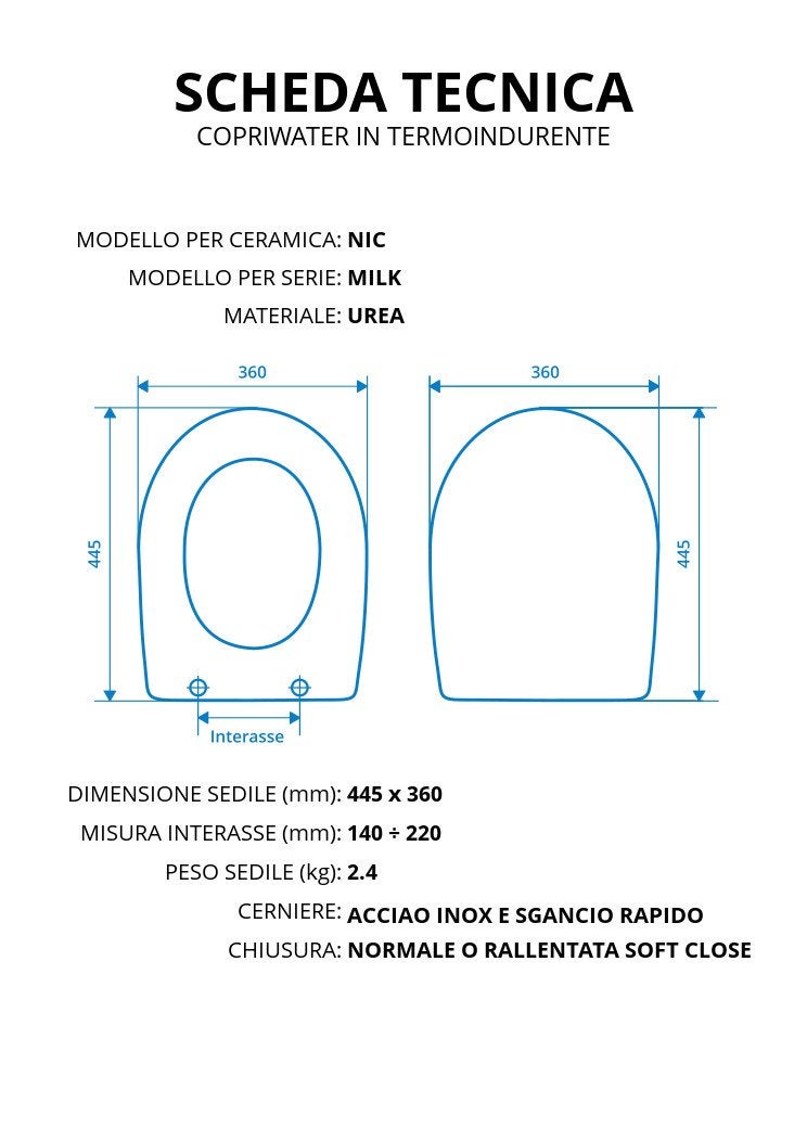 Copriwater CIELO SHUI Termoindurente Bianco - Cerniera Inox, Opzione Chiusura Soft Close, Impermeabile E Resistente
