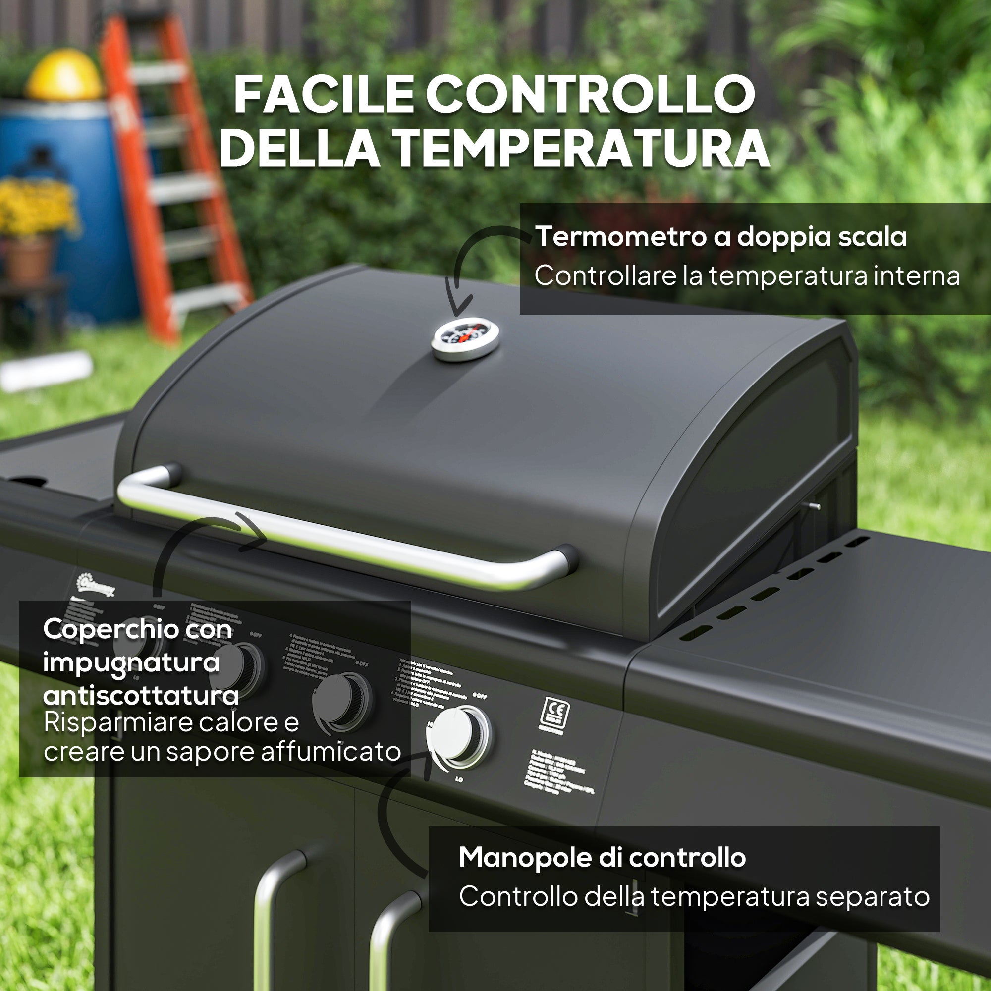 Outsunny Barbecue a Gas con Fornello Laterale, Tavolino e Armadietto, in Acciaio e PP, 129.5x56x110 cm, Nero - 5