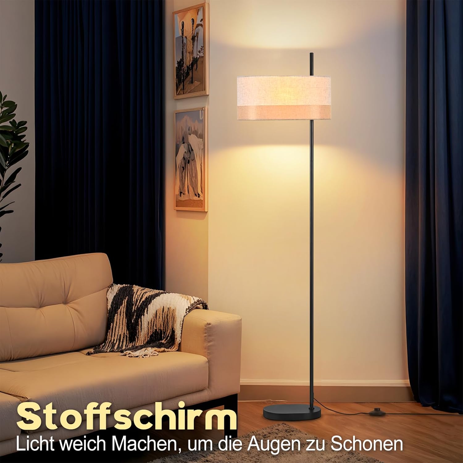 Nettlife Lampa Podłogowa Vintage Biała Tkanina E27, Włącznik Nożny, Rustykalna do Salonu i Sypialni (Brak żarówki) - 5