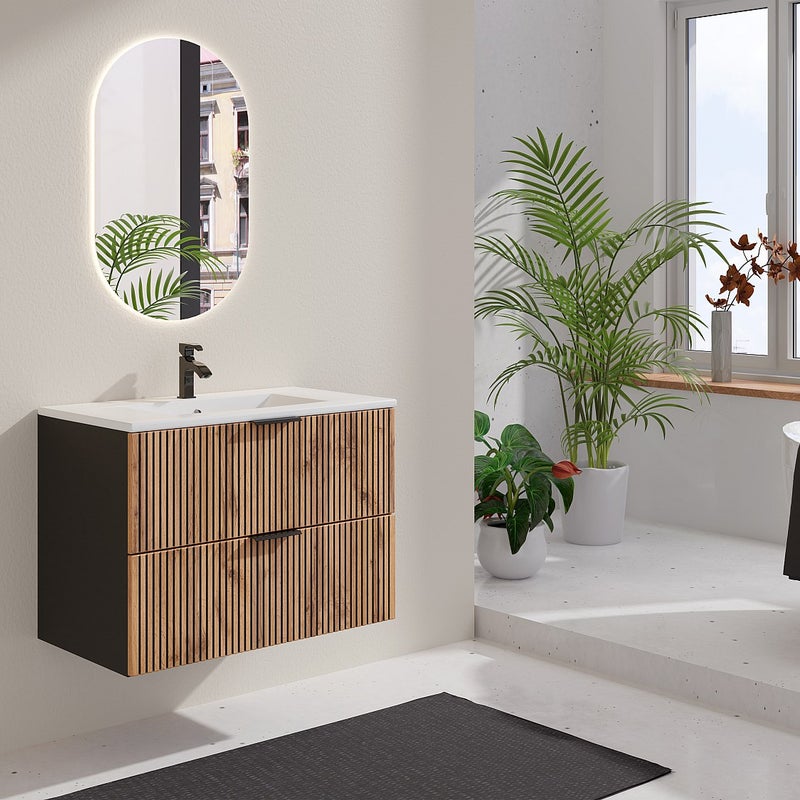 Szafka pod umywalkę wisząca ryflowana - Naturalny jasny i czarny - 80 cm - MADELA