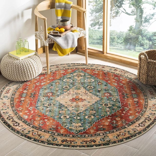 Alfombra redonda bohemia, 120 cm, suave, antideslizante, lavable, de pelo corto, adecuada para entrada, interior, dormitorio, roja