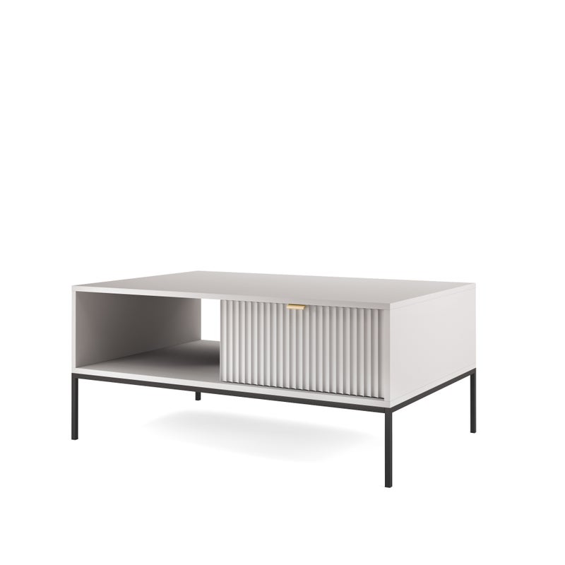 Stolik kawowy: 1 szuflada, szary, stelaż czarny, 104 x 46 x 68 cm, uchwyty złote