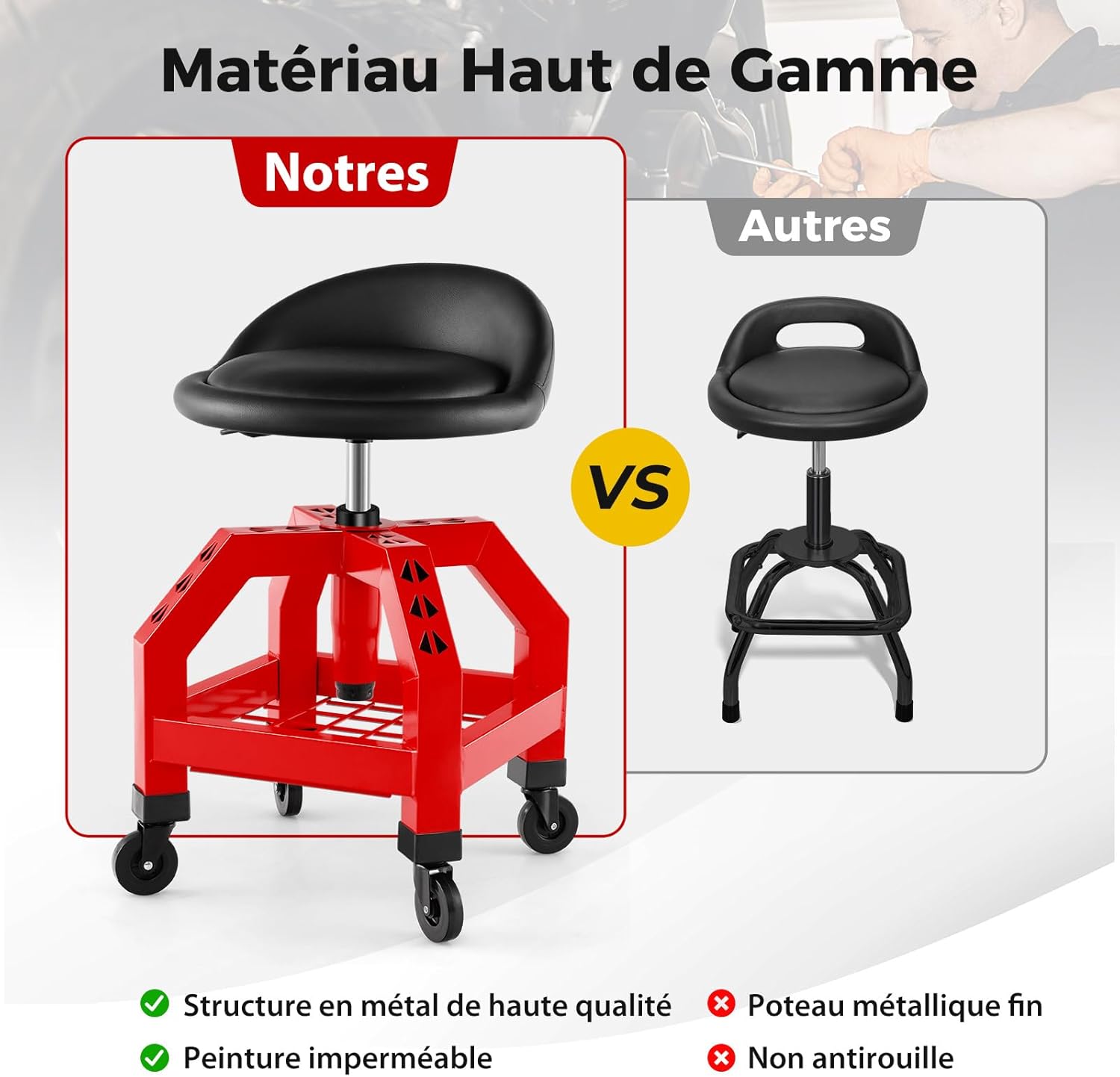 Tabouret d'Atelier à 4 roulettes, Tabouret Servant avec Hauteur Réglable 67-80cm & Plateau à Outils, Charge 150KG, Siège Pivotant pour Atelier (Rouge) - 3