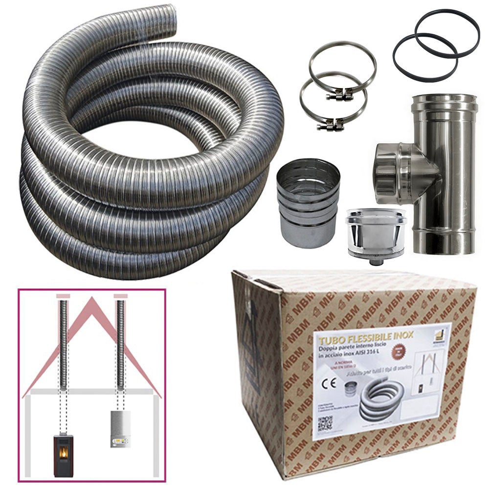 Kit tubo de acero inoxidable 316 flexible 5 m diámetro 80 mm interior liso a la norma ce en 1856 2 tubería de humo