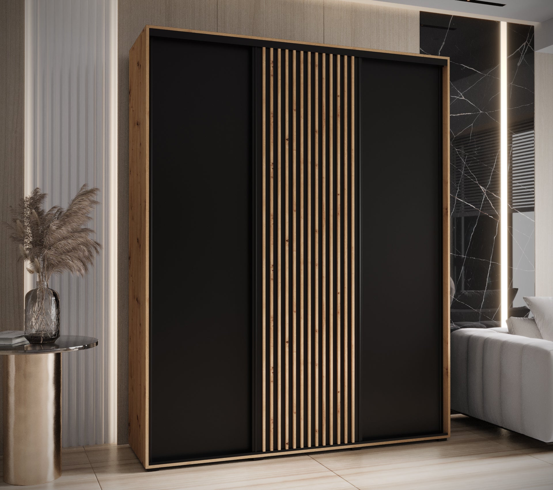 Szafa przesuwna wysoka Lanko 1 200 x 60 x 235,2 cm artisan + czarny + lamele artisan - Abiks Meble - 2