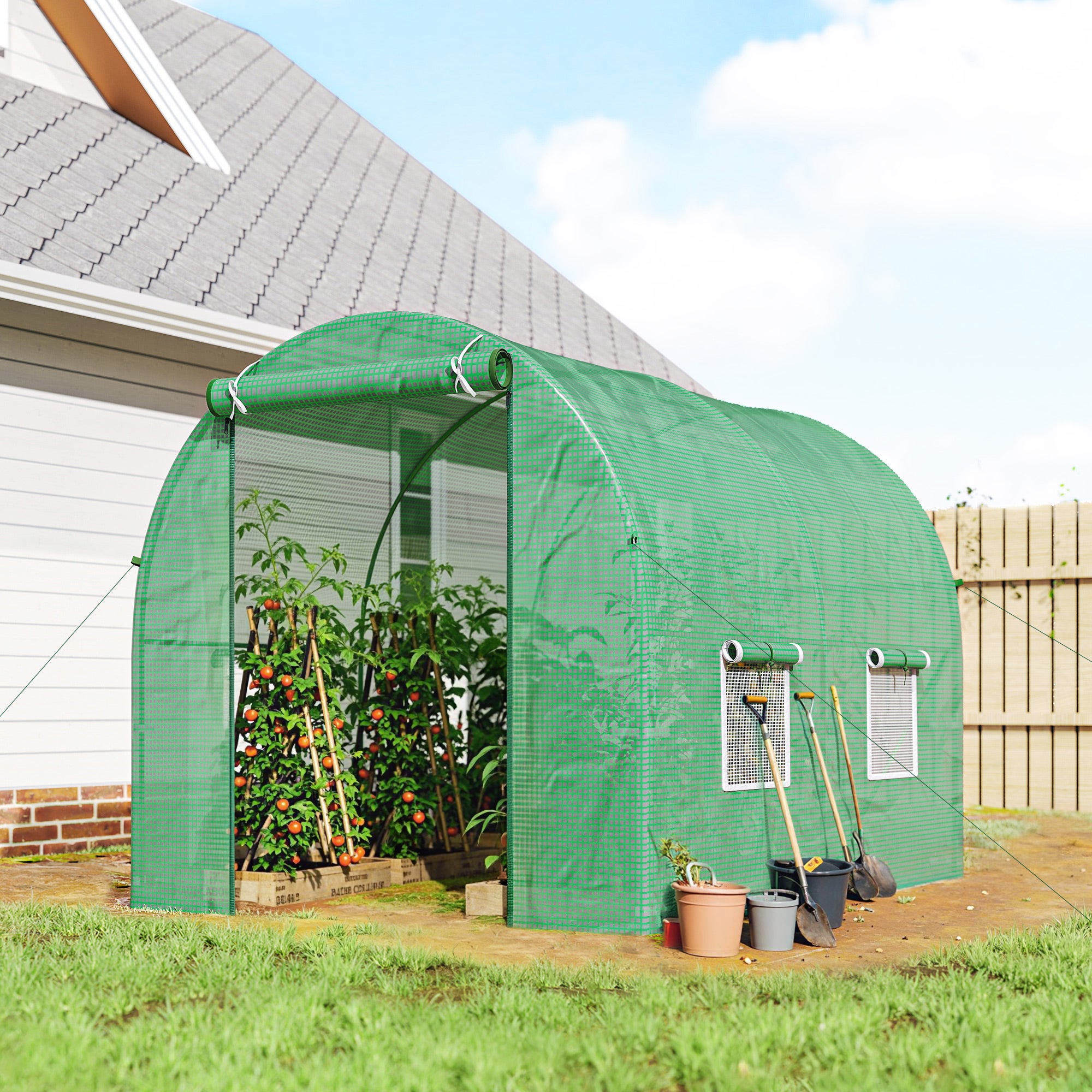 Serre de jardin tunnel - Outsunny - 5 m² renforcé pe haute densité 140 g/m² fenêtres porte déroulante - acier - 2,5x2x2m - vert - 2