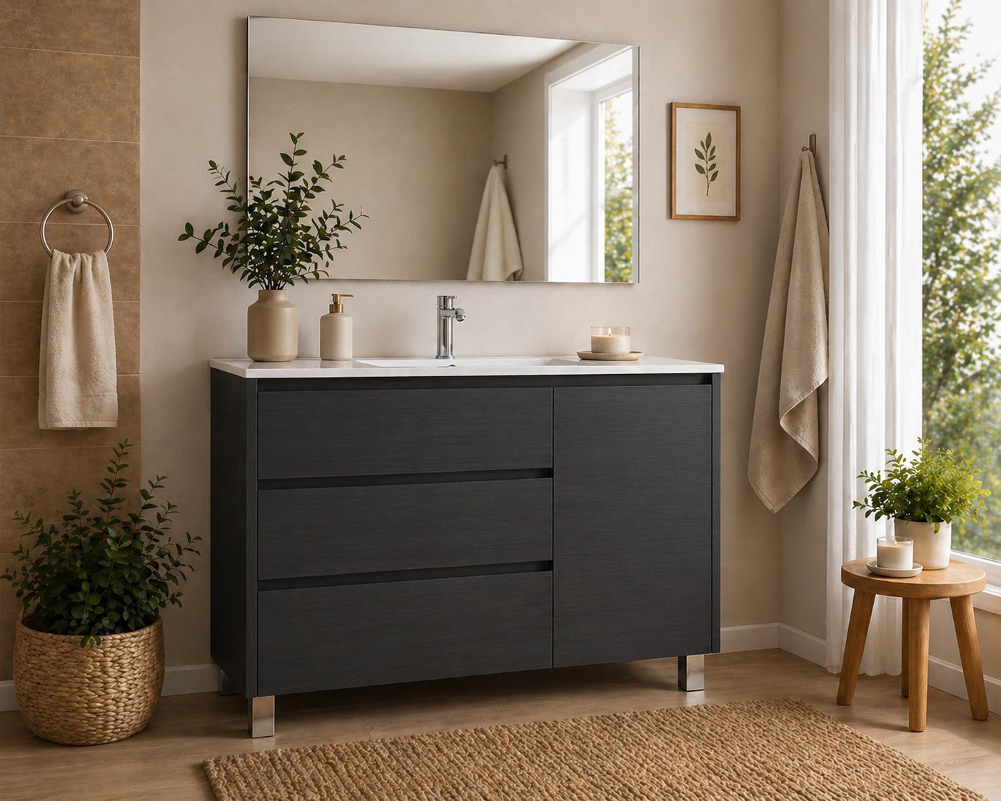 Set mobilier de baie VOLUM 3 sertare și ușă, lavoar și oglindă Grafit 80x45 cm