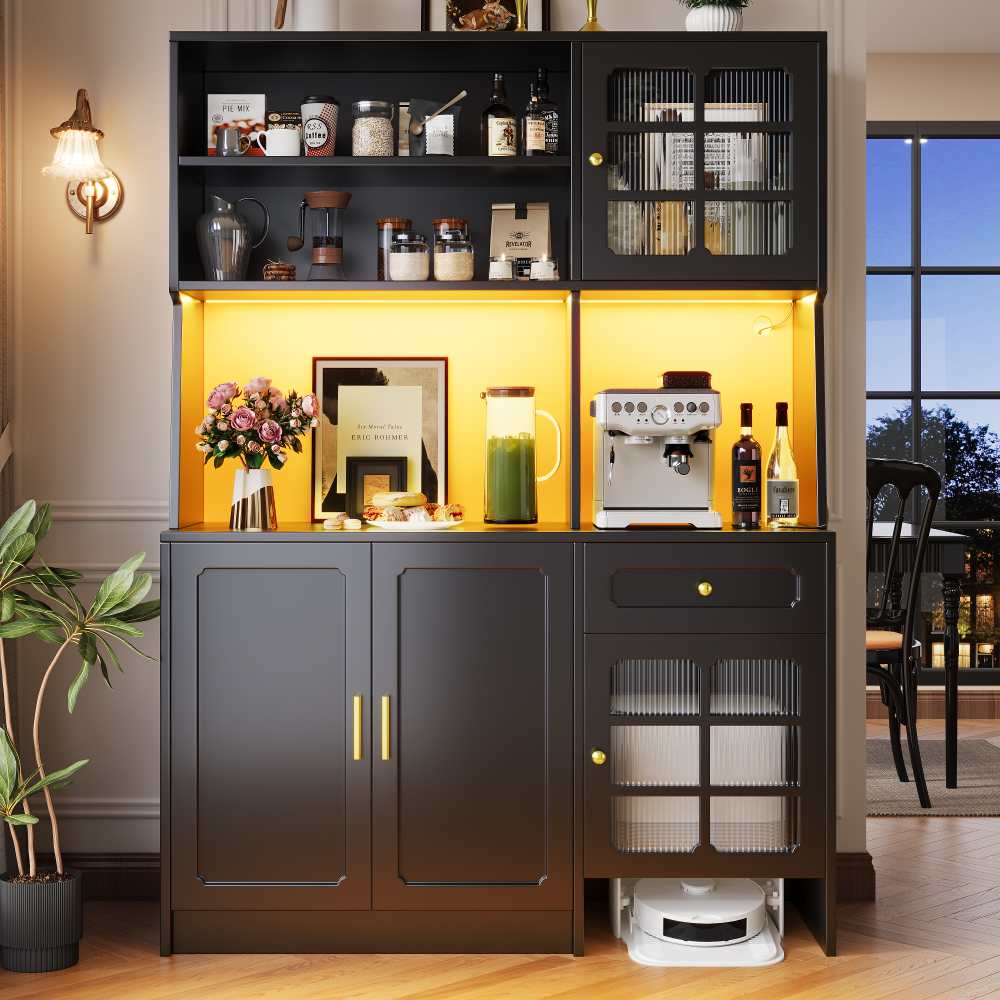 Armario de cocina (130 x 45 x 180 cm), mueble alto, aparador, puertas de vidrio e iluminación led