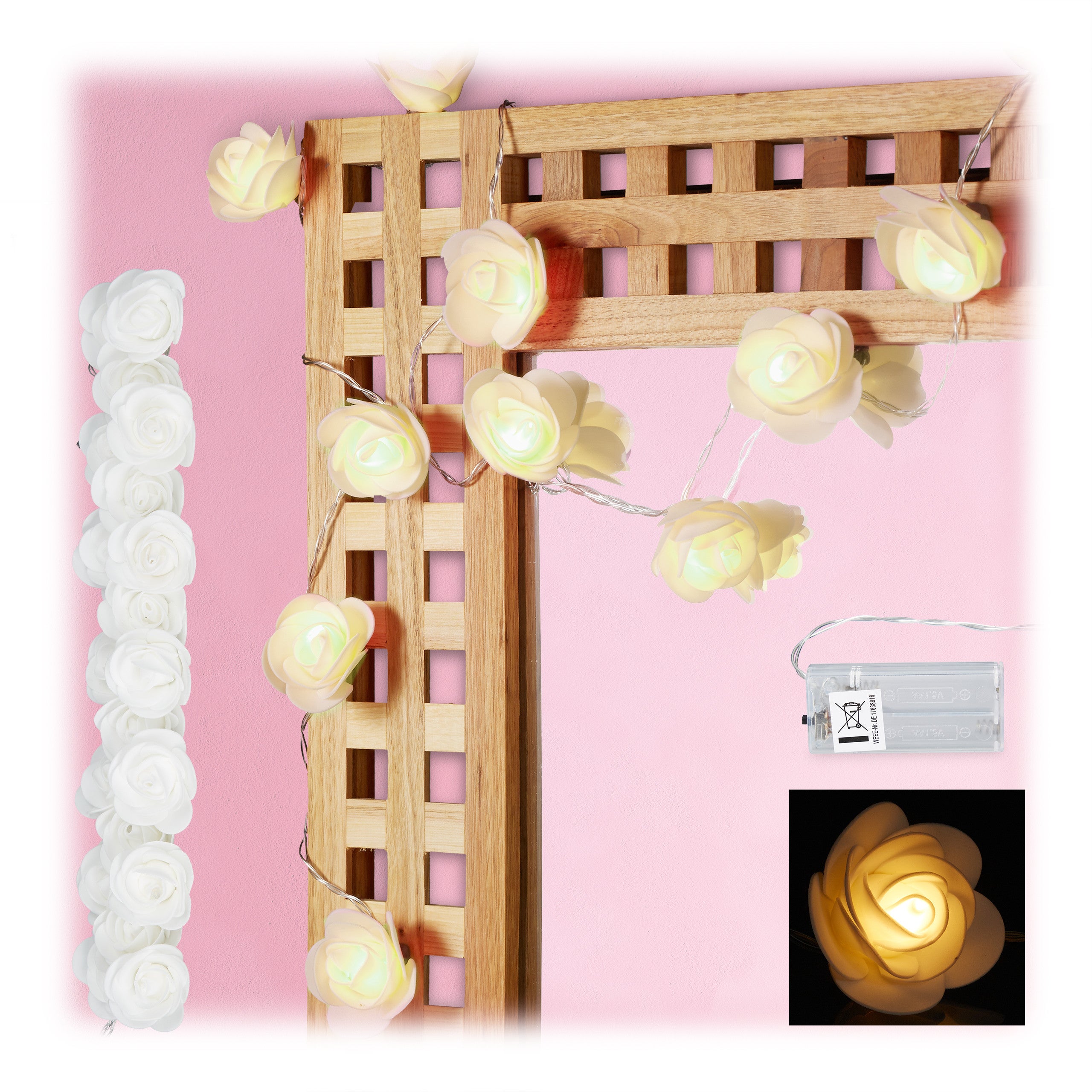 Relaxdays Catena Luminosa A LED Con 20 Rose Finte, Luce Calda, Batteria, Cavo Trasparente - Decorazione Romantica Per Matrimoni, San Valentino, Casa, Giardino