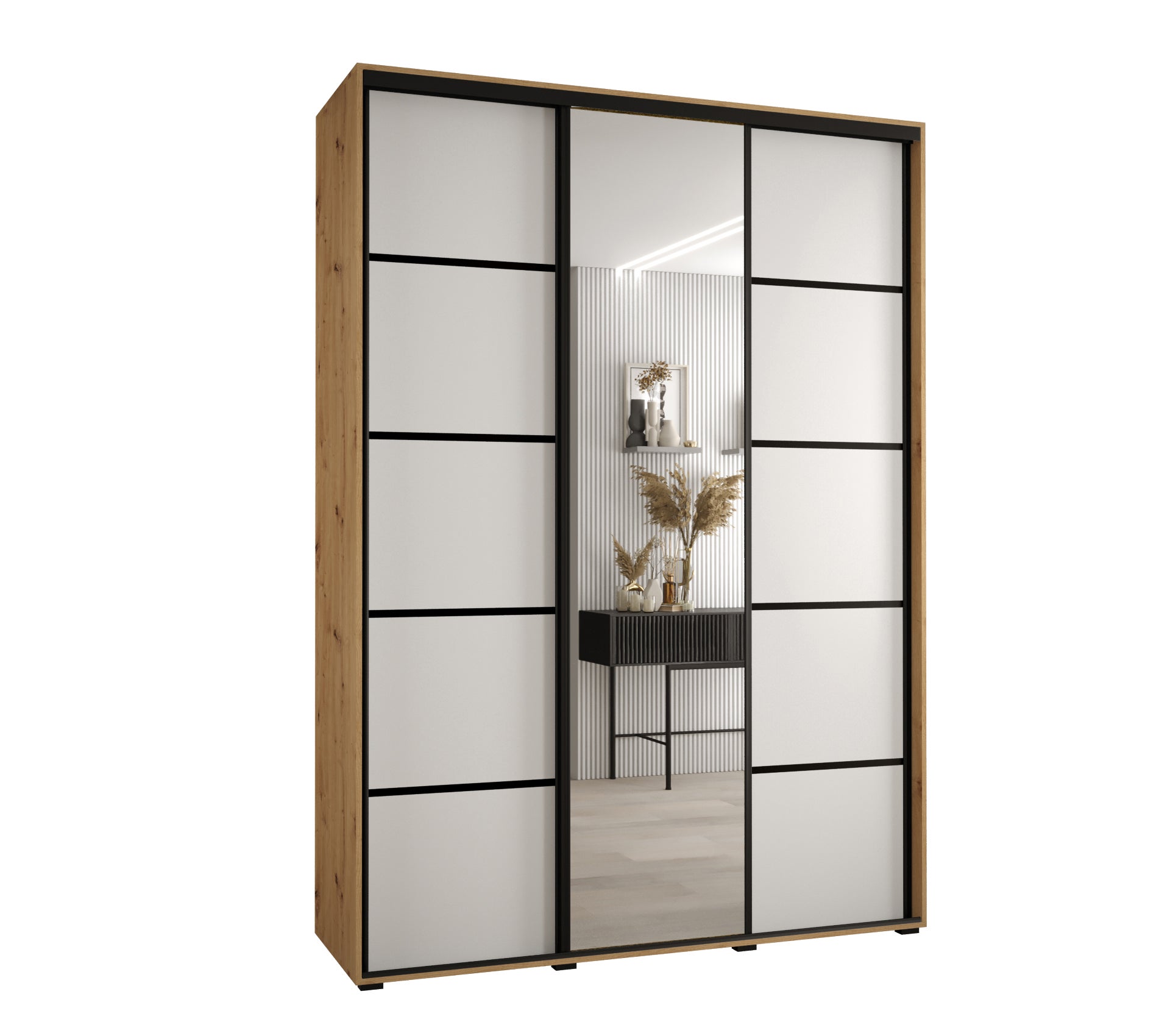 Szafa przesuwna z lustrem wysoka Davos 5 180 x 45 x 235,2 cm artisan + biały + u. czarny - Abiks Meble