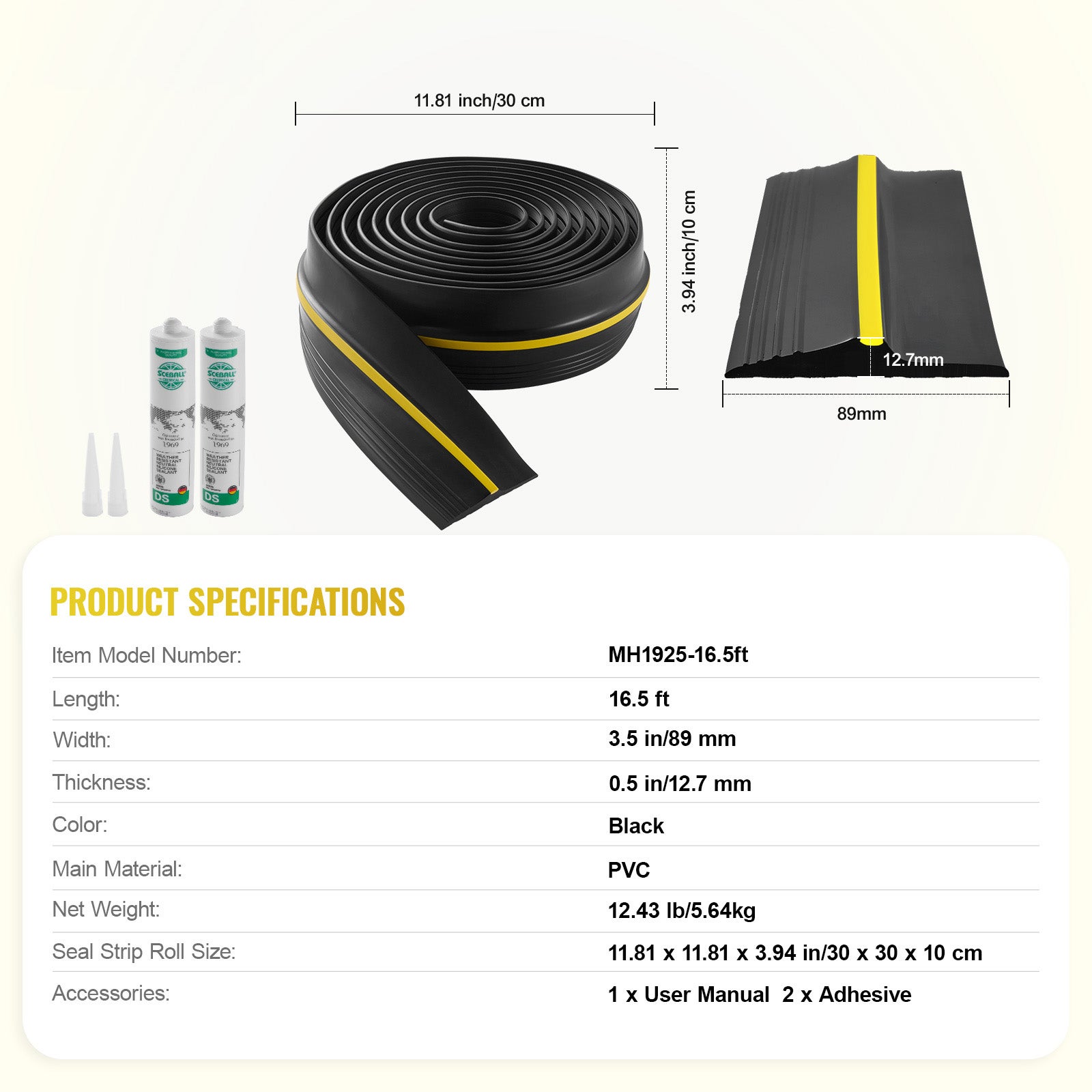 Bande d'Étanchéité SucceBuy pour Seuil de Garage 16,5 Pi, PVC Universel, Adhésif Renforcé, Joint Inférieur DIY, Noir - 9