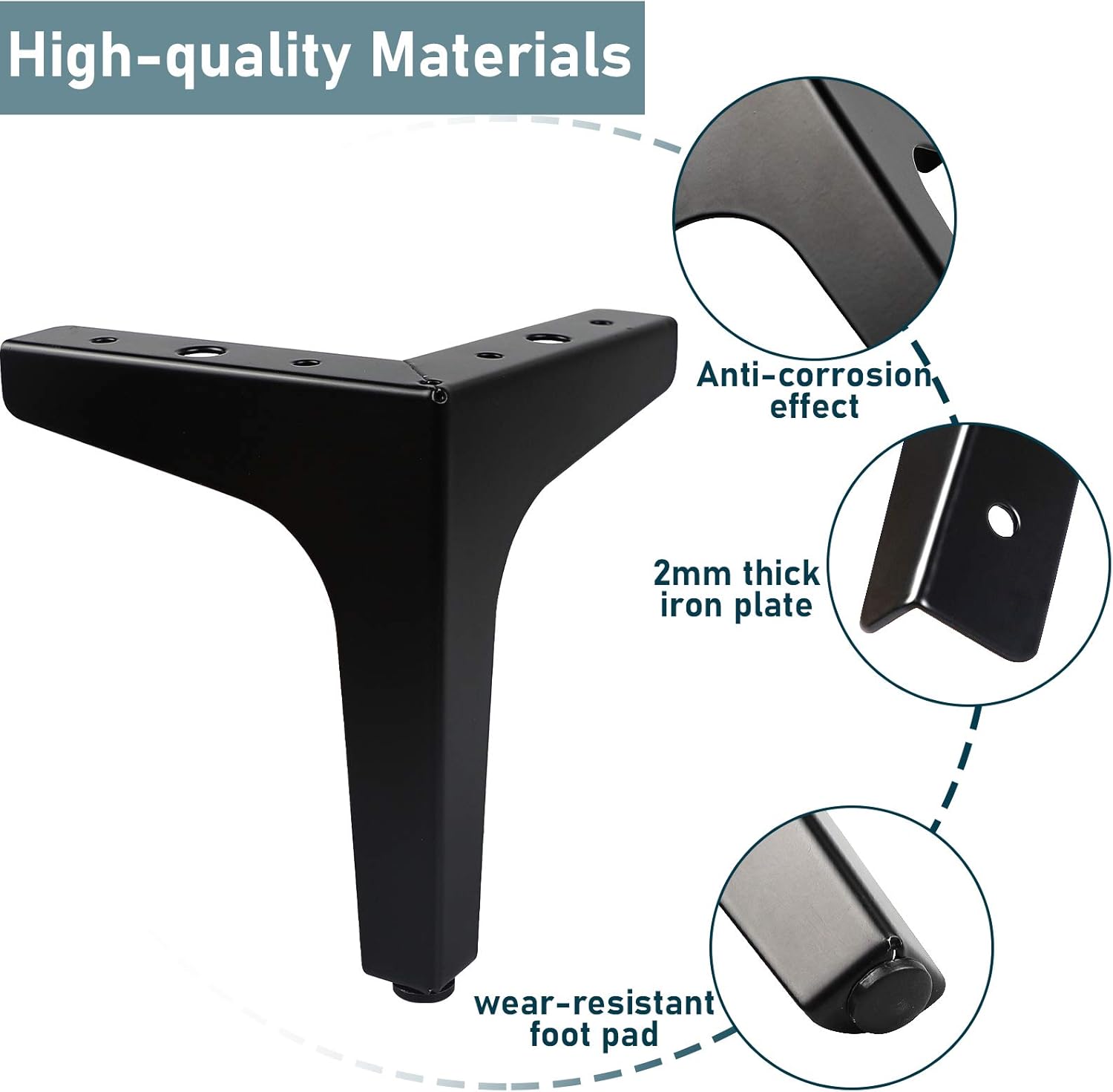 Lot de 4 Pieds de Meubles Charge Jusqu'à 600 KG, Pied de Table Modernes en Métal en Forme de Triangle,avec 4 Protège Pieds, Noir（10cm） - 2