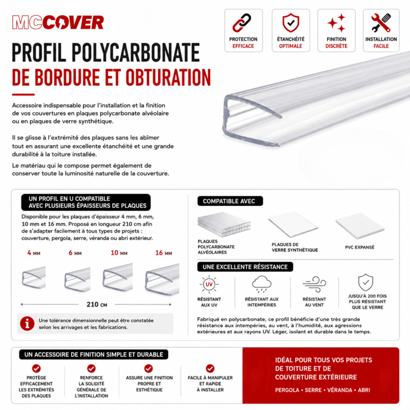 Profil polycarbonate de bordure et obturation - Coloris - Transparent, Epaisseur - 6 mm, Longueur - 210 cm - 2