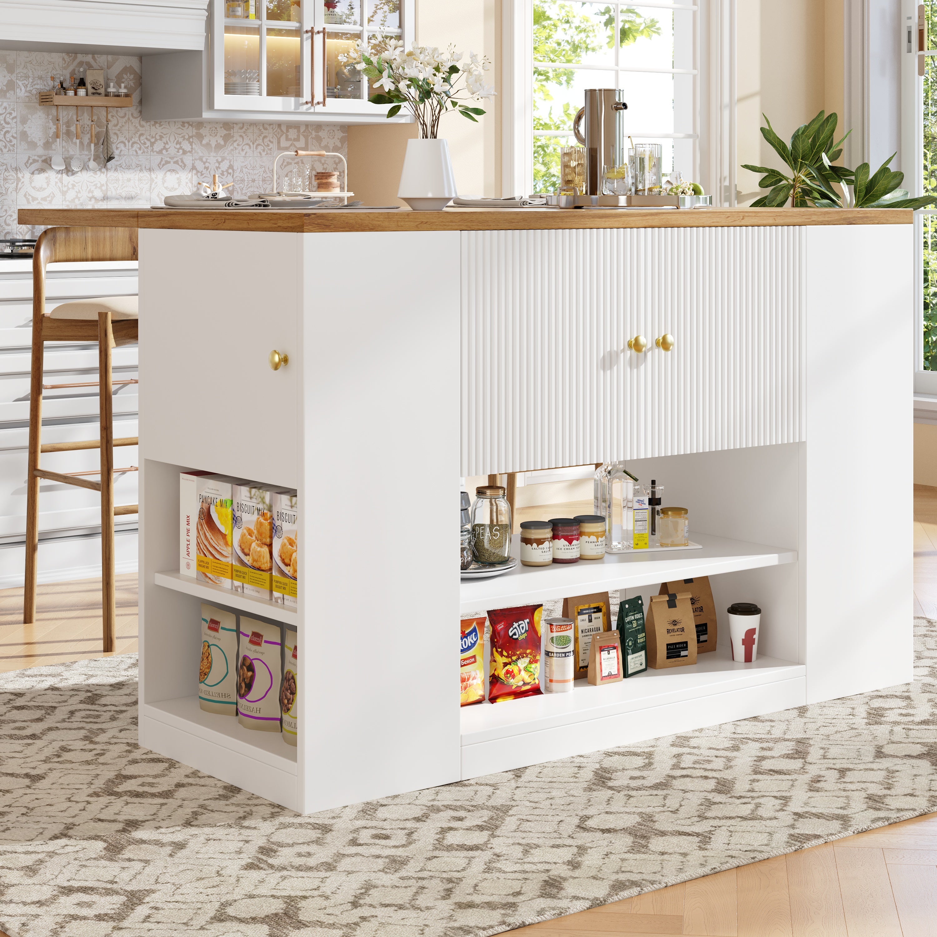 Rozkładana wyspa kuchenna z półkami, 3 drzwiami i 2 szufladami - 140 x 40/70 x 90 cm - do kuchni i jadalni - MDF - biała