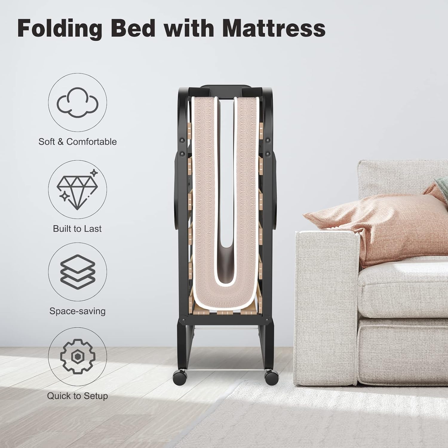 Lit d’Appoint Pliable 200x80cm avec Matelas en Mémoire 10 cm pour 1 Personne, Lit Pliant à roulettes Charge 120kg Fabriqué en Italie - 9
