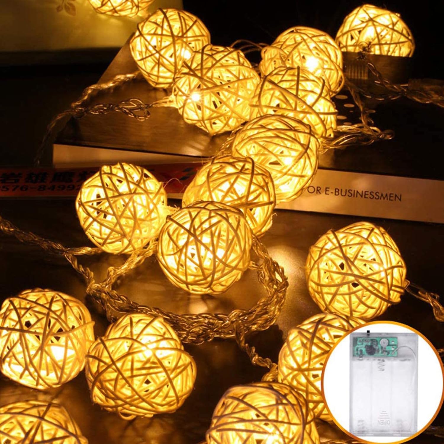 Guirlande Lumineuse Boule En Rotin 5 M 40 LED à Piles Pour Décoration D' Intérieur, Jardin, Fête, Blanc Chaud - Maison