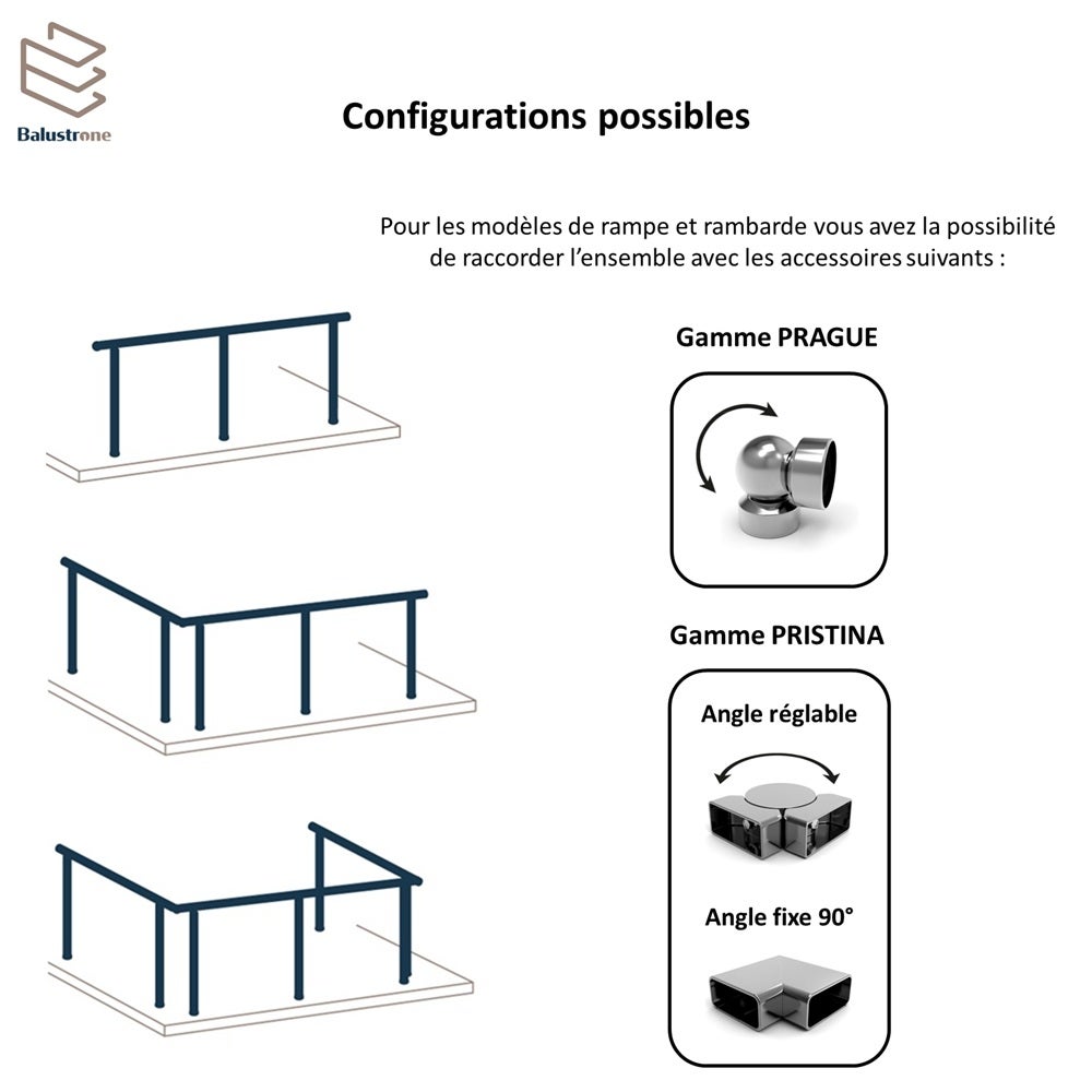 Rampe garde-corps aluminium carré 2m pose à sceller au sol, PRISTINA, en kit - 4