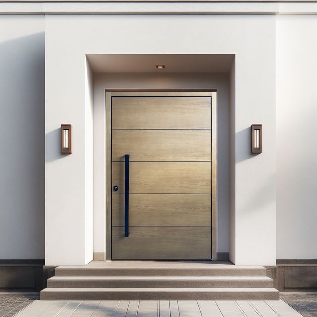 Puerta Pivotante de Seguridad en Madera de Roble con Líneas Horizontales – 130 x 250 cm-Apertura Derecha