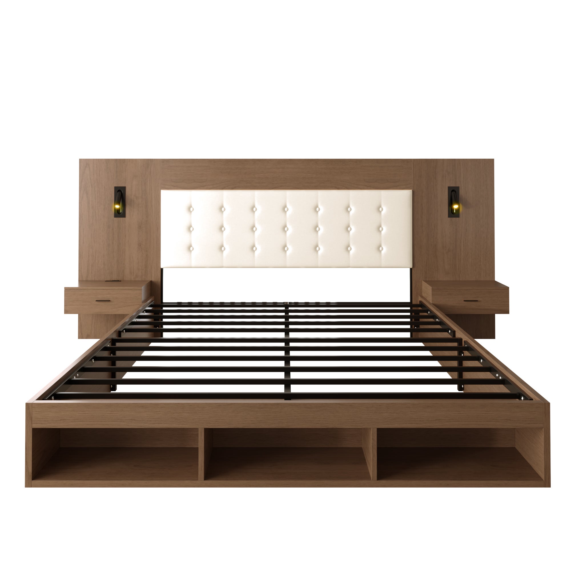 Lit double 180x200 cm avec 2 tables de nuit et tête de lit rembourrée, Lit adulte en bois avec Port USB et USB-C, lampe lecture et 3 étagère, Noyer - 2