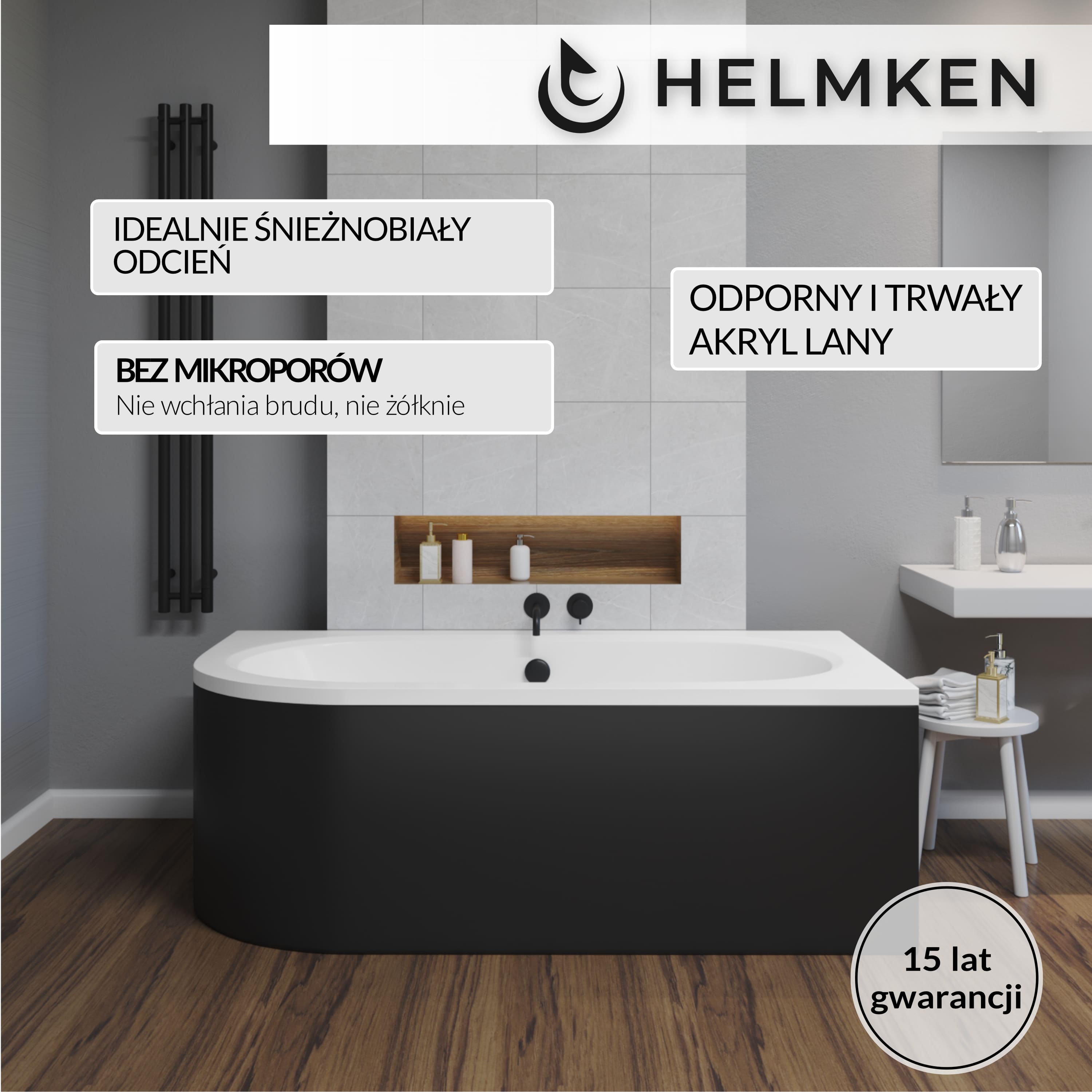 Wanna akrylowa Helmken Marbella Lux 170 x 75 Prawa + Panel czarny + Nóżki potrójne / 23092005ZC