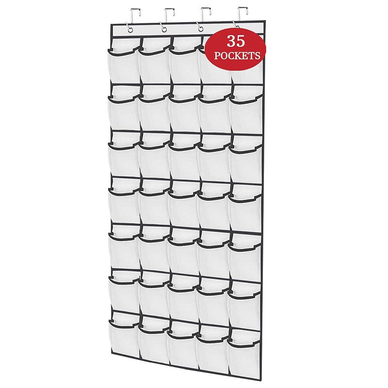 Étagère à Chaussures Porte 35 Poches XXL + 4 Crochets – Organisateur Mural Chaussons Baskets Homme Femme Enfant – Gris Clair