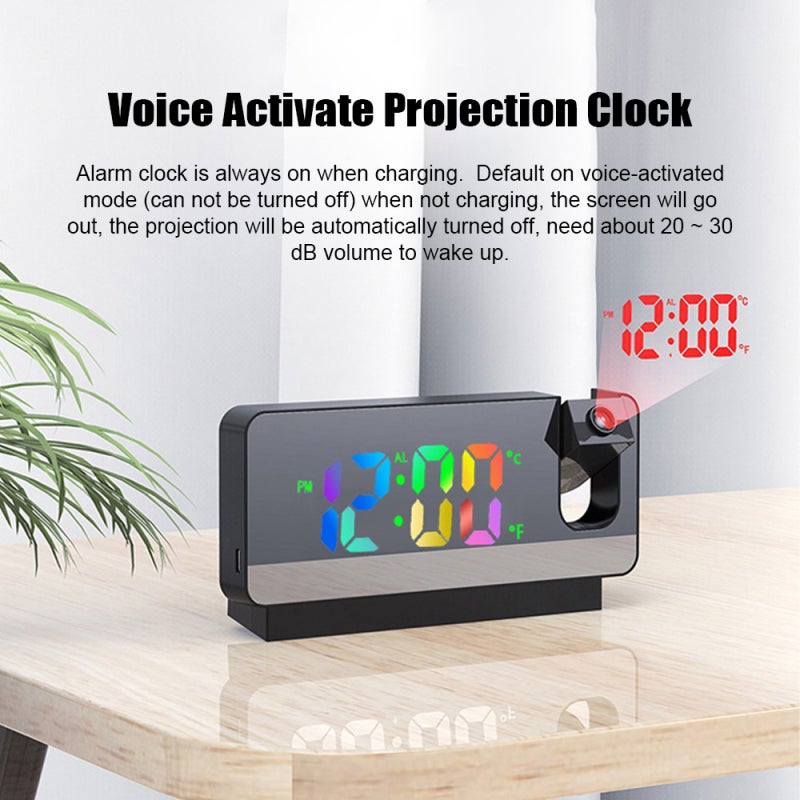 Réveil,Réveil à projection d'écran couleur rechargeable, rotation à 180°, noir - 3