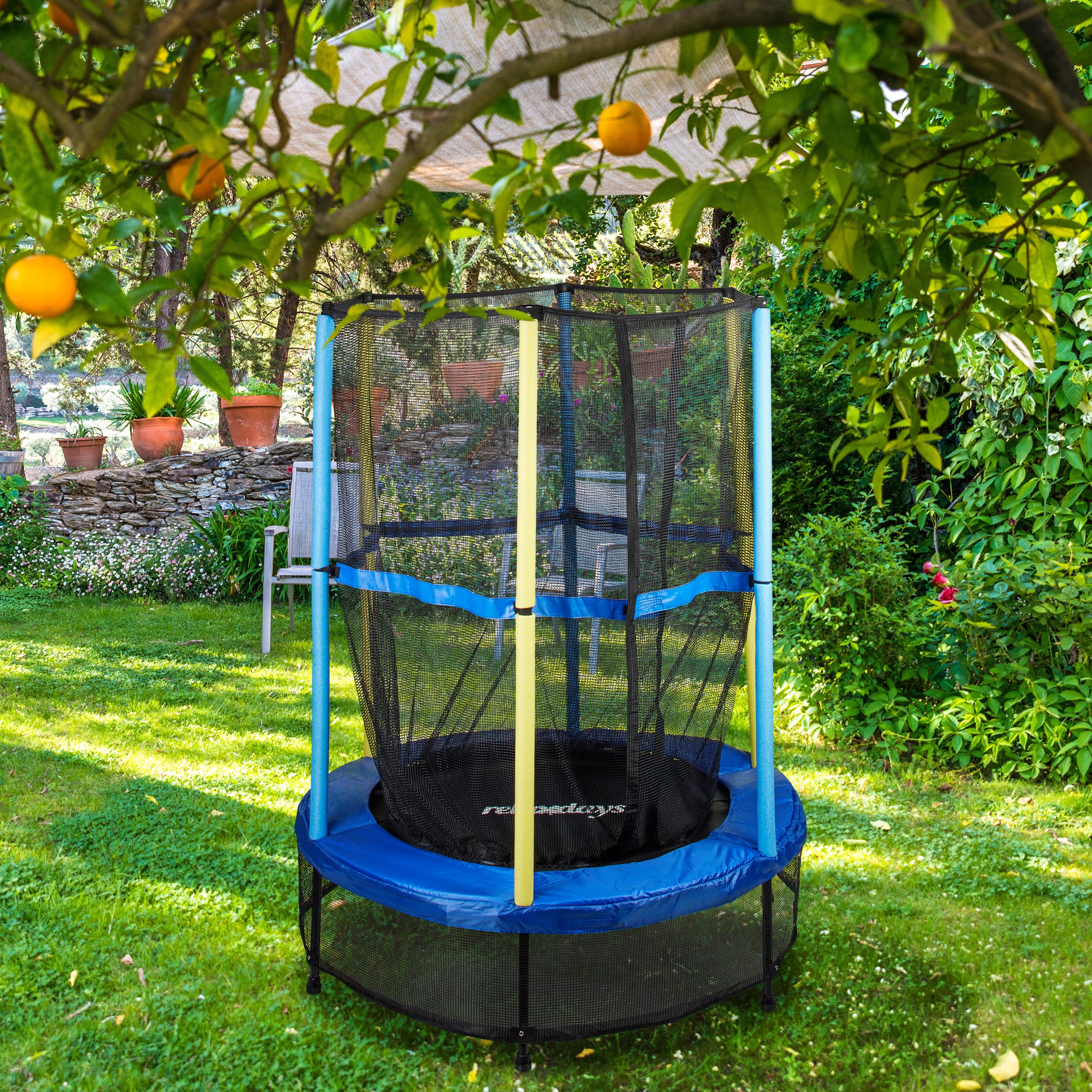 Relaxdays Trampoline Enfant Avec Filet De Sécurité - 143 Cm, Bleu-Noir-Jaune - Charge 45 Kg - Dès 3 Ans - Usage Extérieur