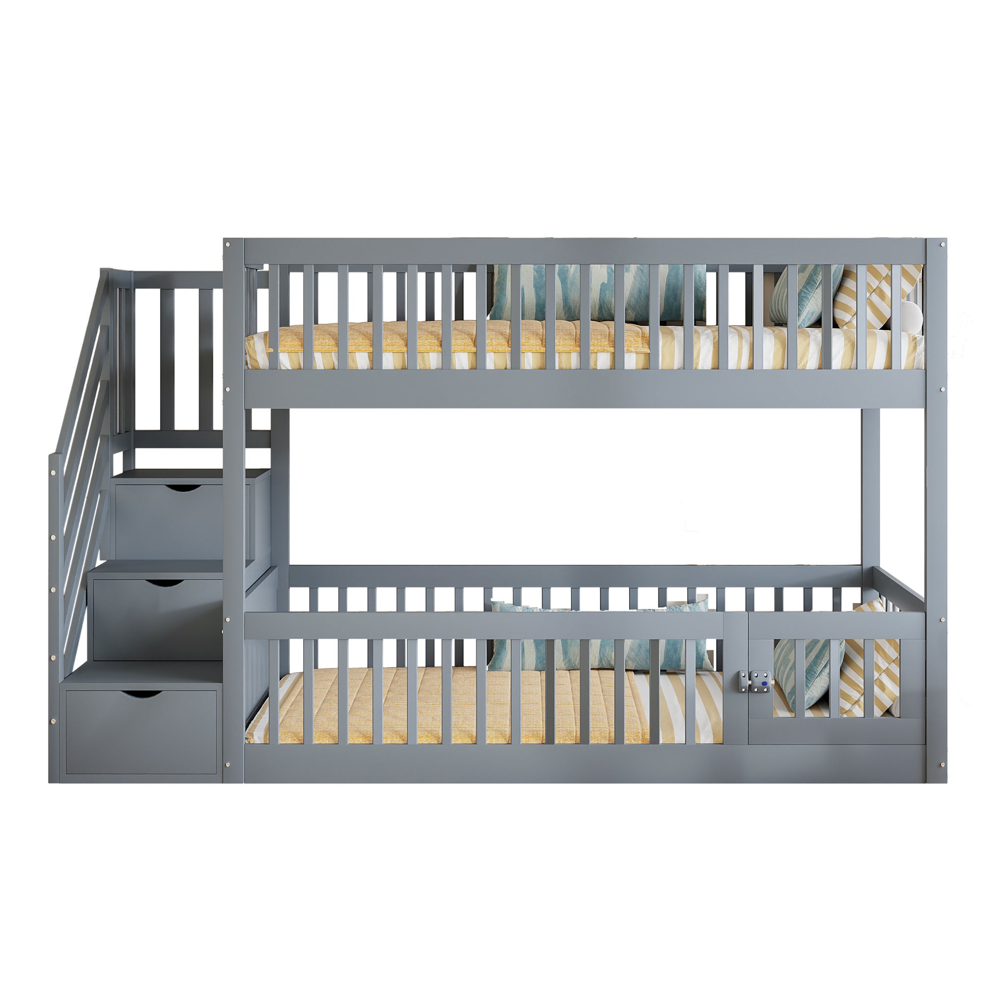 Lit superposé 90x200cm - avec escalier de sécurité - avec 3 tiroirs - Gris (matelas non inclus) - 9