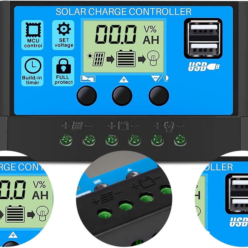 Regulator ładowania słonecznego PWM 30 A 12 V/24 V – dwa porty USB, timer, sterowanie LCD, do użytku domowego i przemysłowego