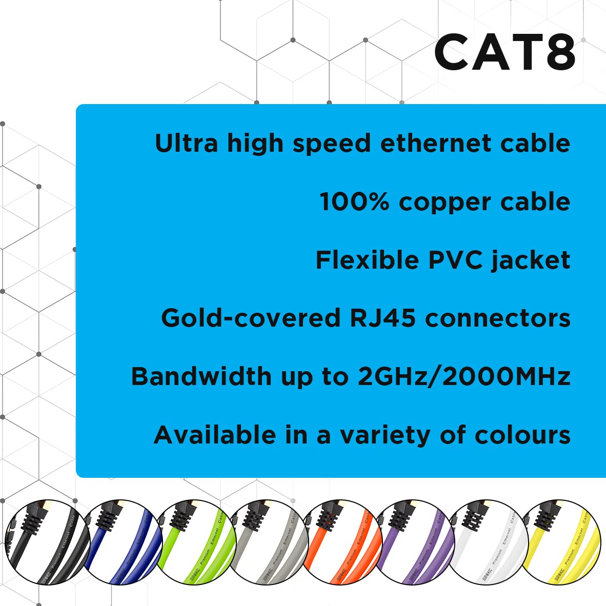 Câble Ethernet CAT8 BK Noir 1 m - S/FTP paire torsadée - Bande passante 2Ghz / 2000MHz - Transmission de données 40 Gigabits - Connecteurs RJ45 - 8