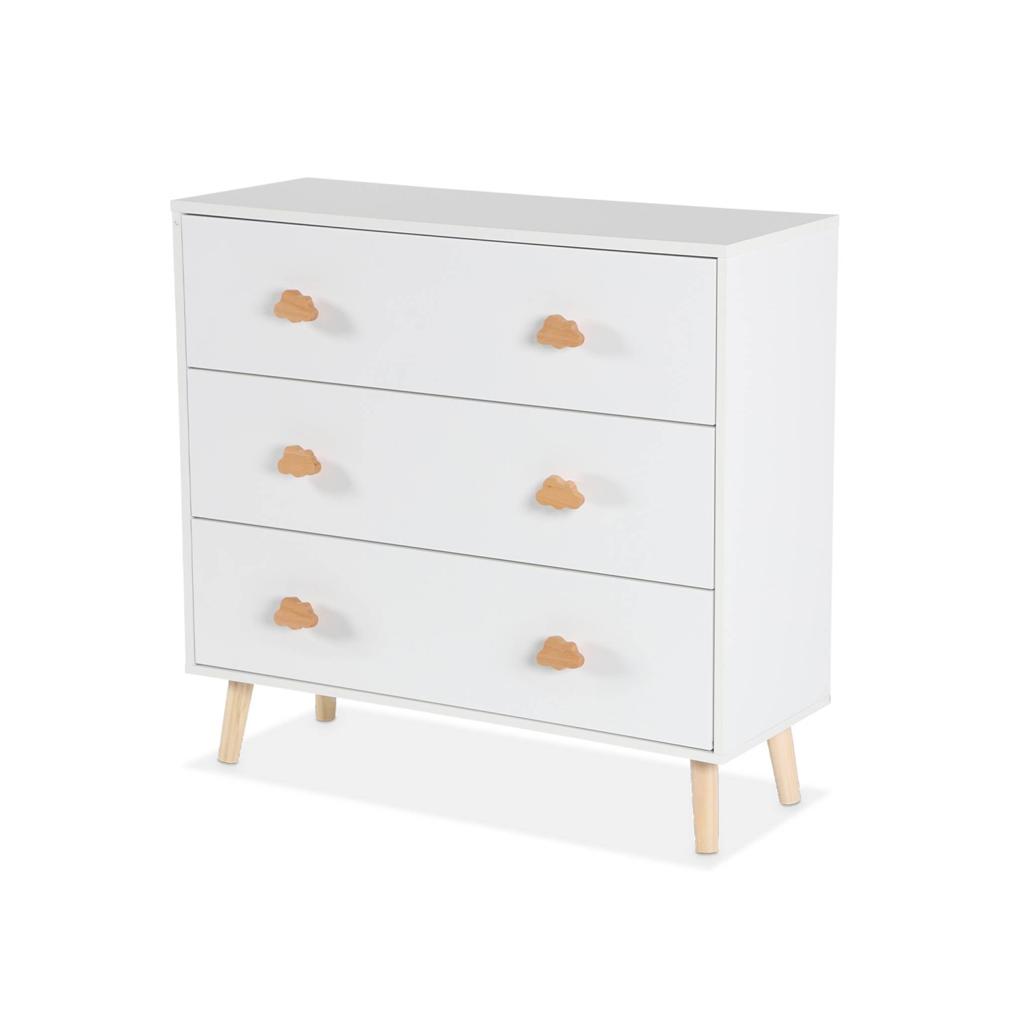 Commode enfant. décor bois. blanc. 3 tiroirs. pieds et poignées nuage en pin NEPHOS - 6