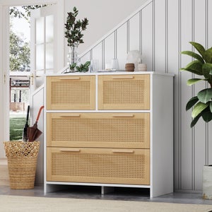 Buffet Rangement 4 Portes Rotin Et MDF - 127 X 38 X 83 Cm - Salon, Chambre, Salle à Manger