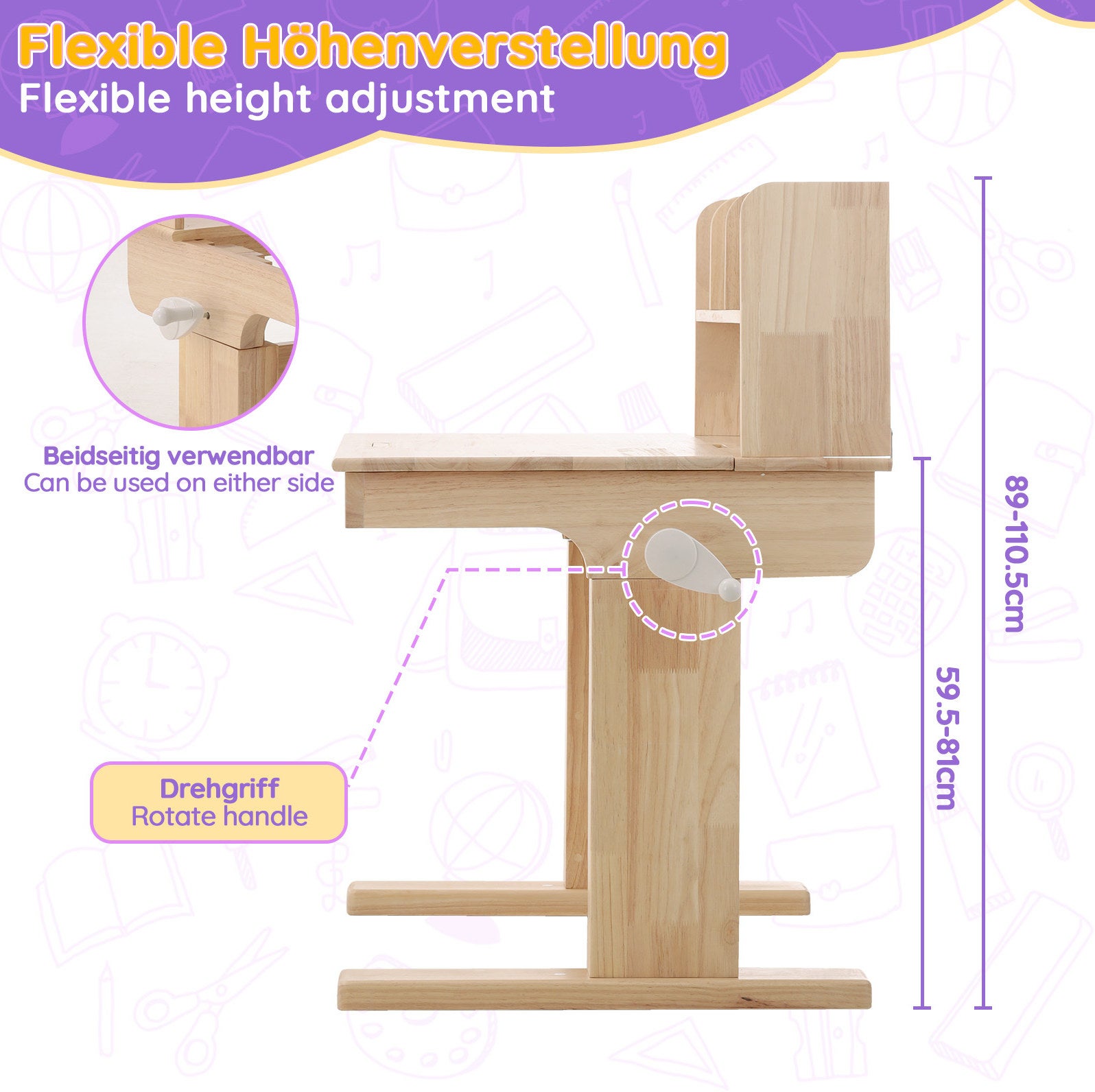 Scrivania per bambini 92x60x89/110,5 cm con piano ribaltabile, altezza ...